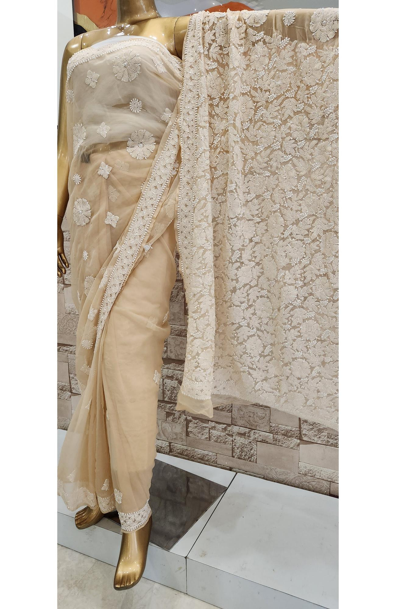 Light Beige Faux Georgette  Hand Embroidered Chikankari Saree