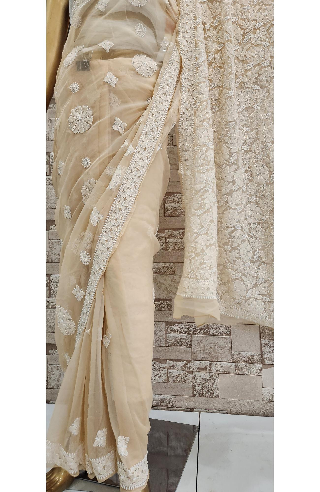 Light Beige Faux Georgette  Hand Embroidered Chikankari Saree