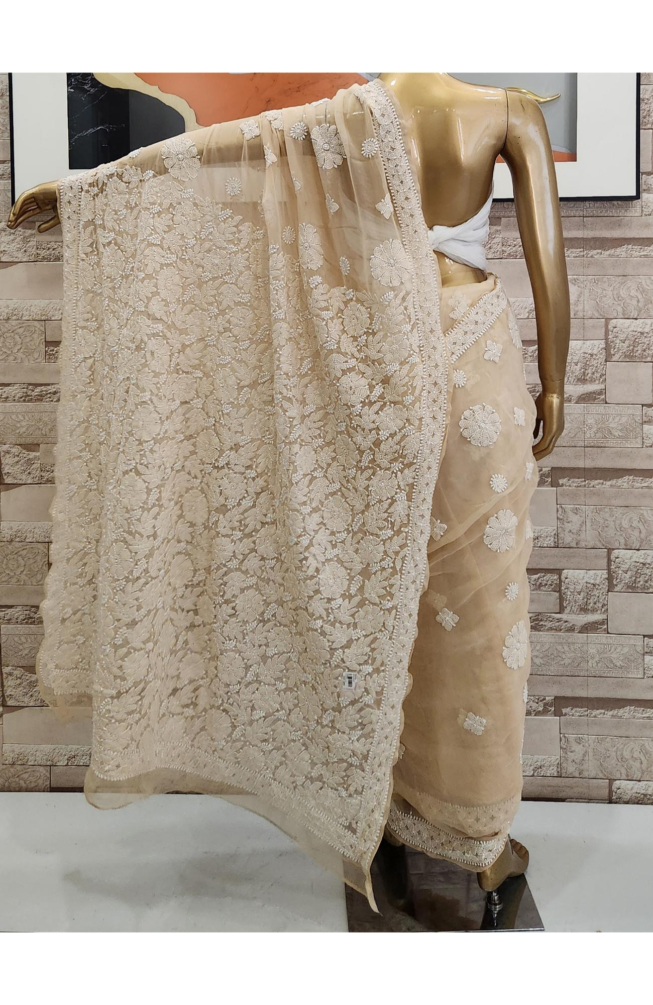 Light Beige Faux Georgette  Hand Embroidered Chikankari Saree