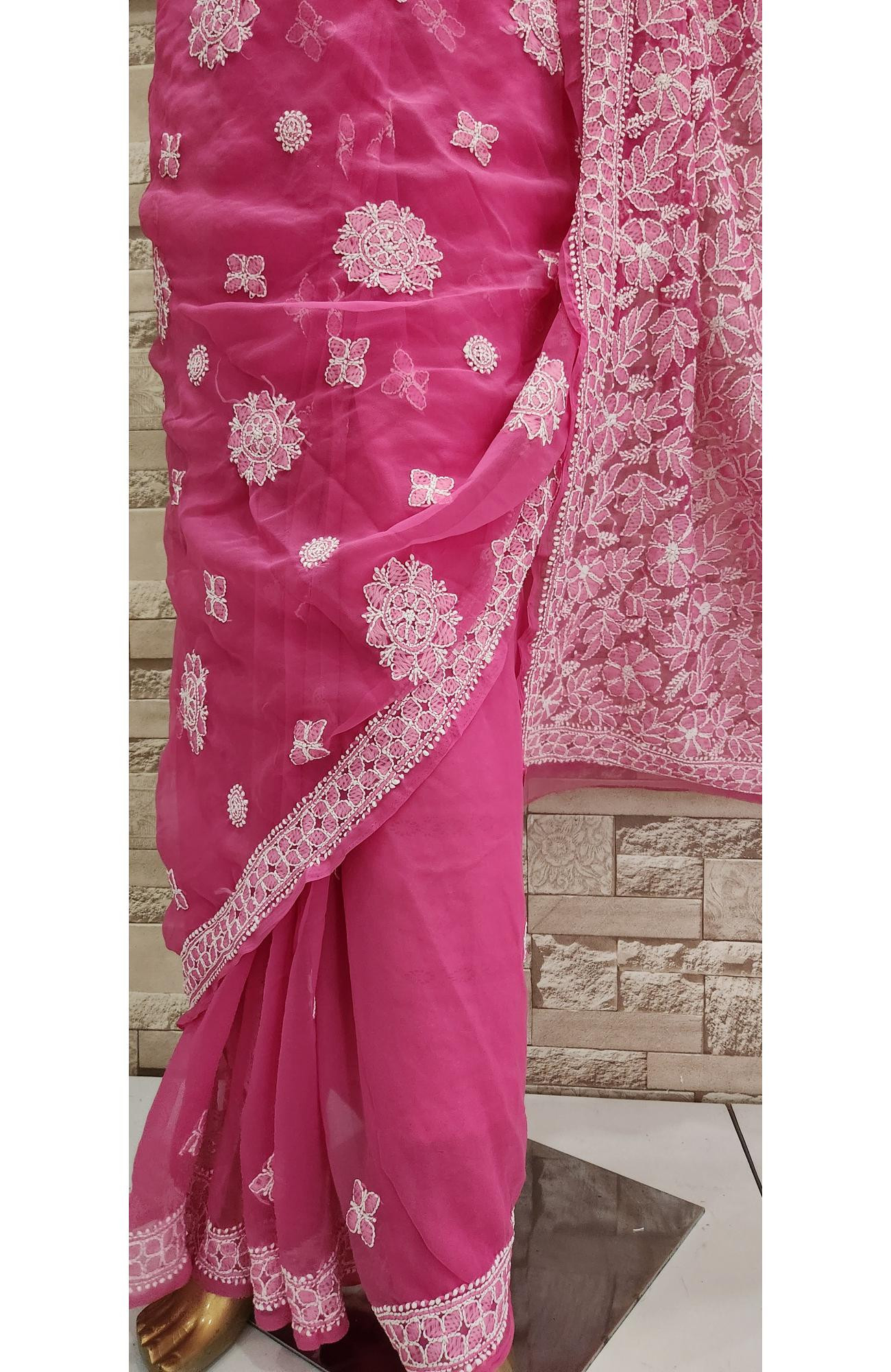 Rani Pink  Faux Georgette  Hand Embroidered Chikankari Saree I Rohia