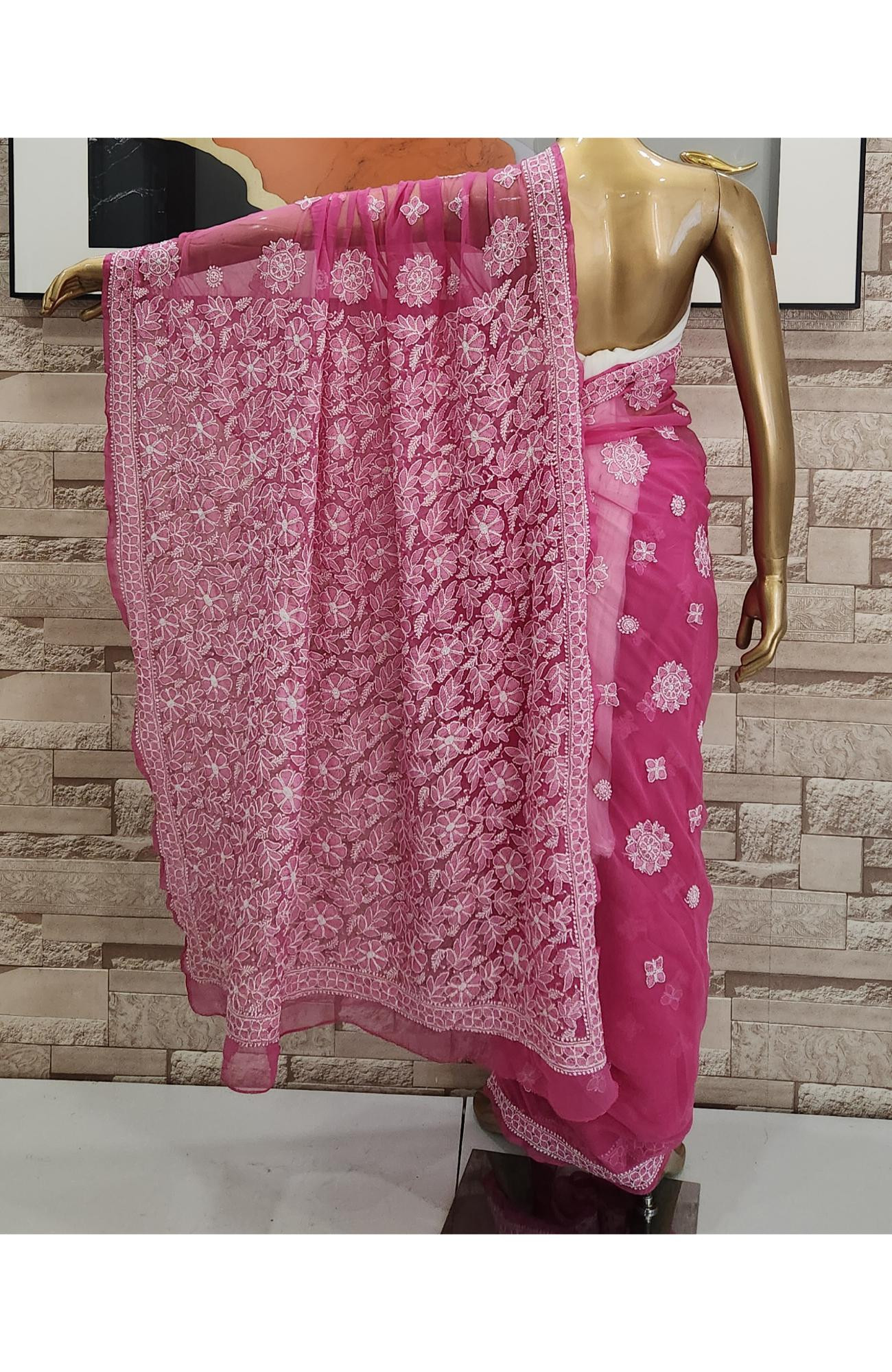 Rani Pink  Faux Georgette  Hand Embroidered Chikankari Saree I Rohia