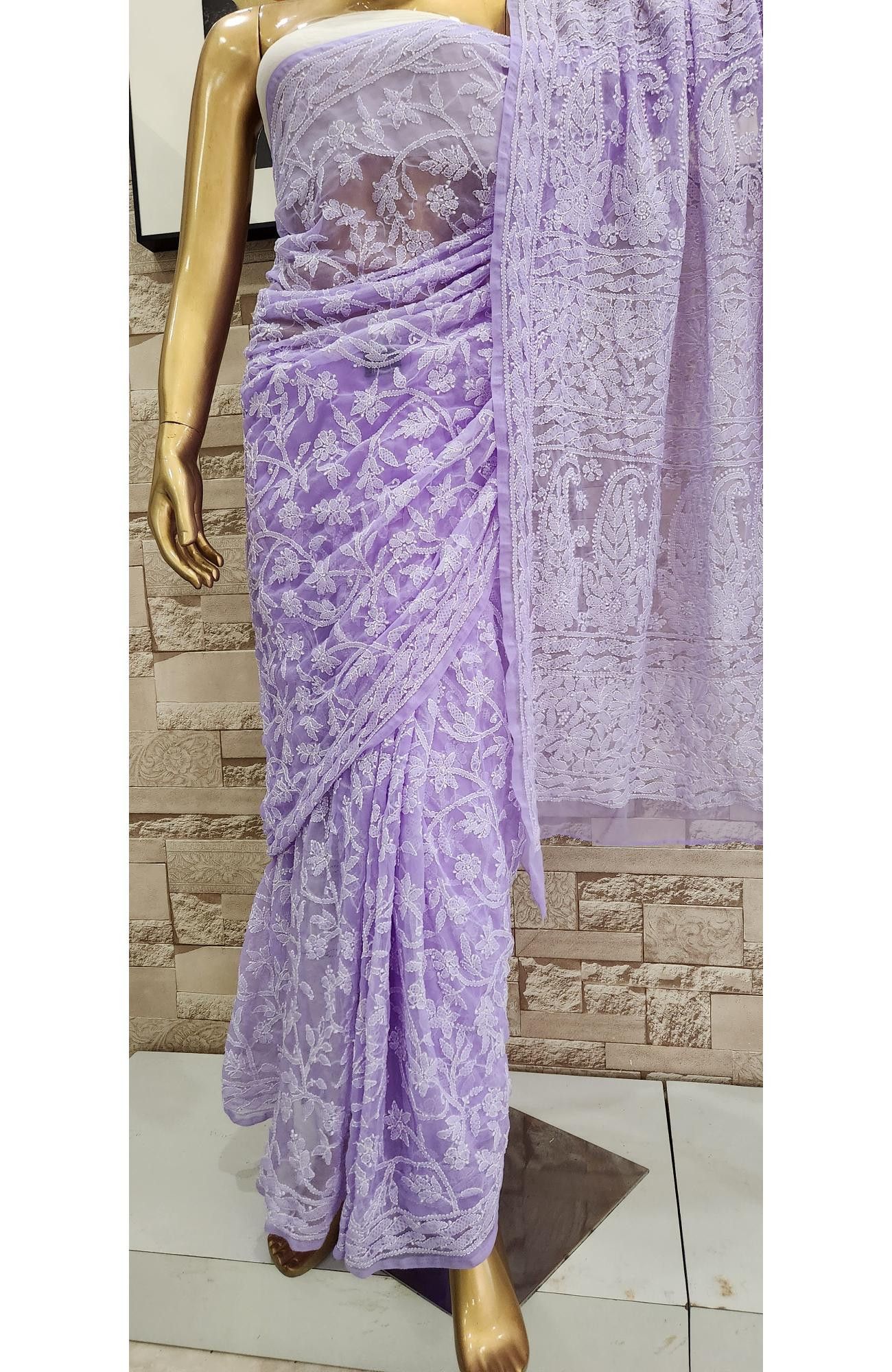 Purple  Faux Georgette  Hand Embroidered Chikankari Saree I Rohia