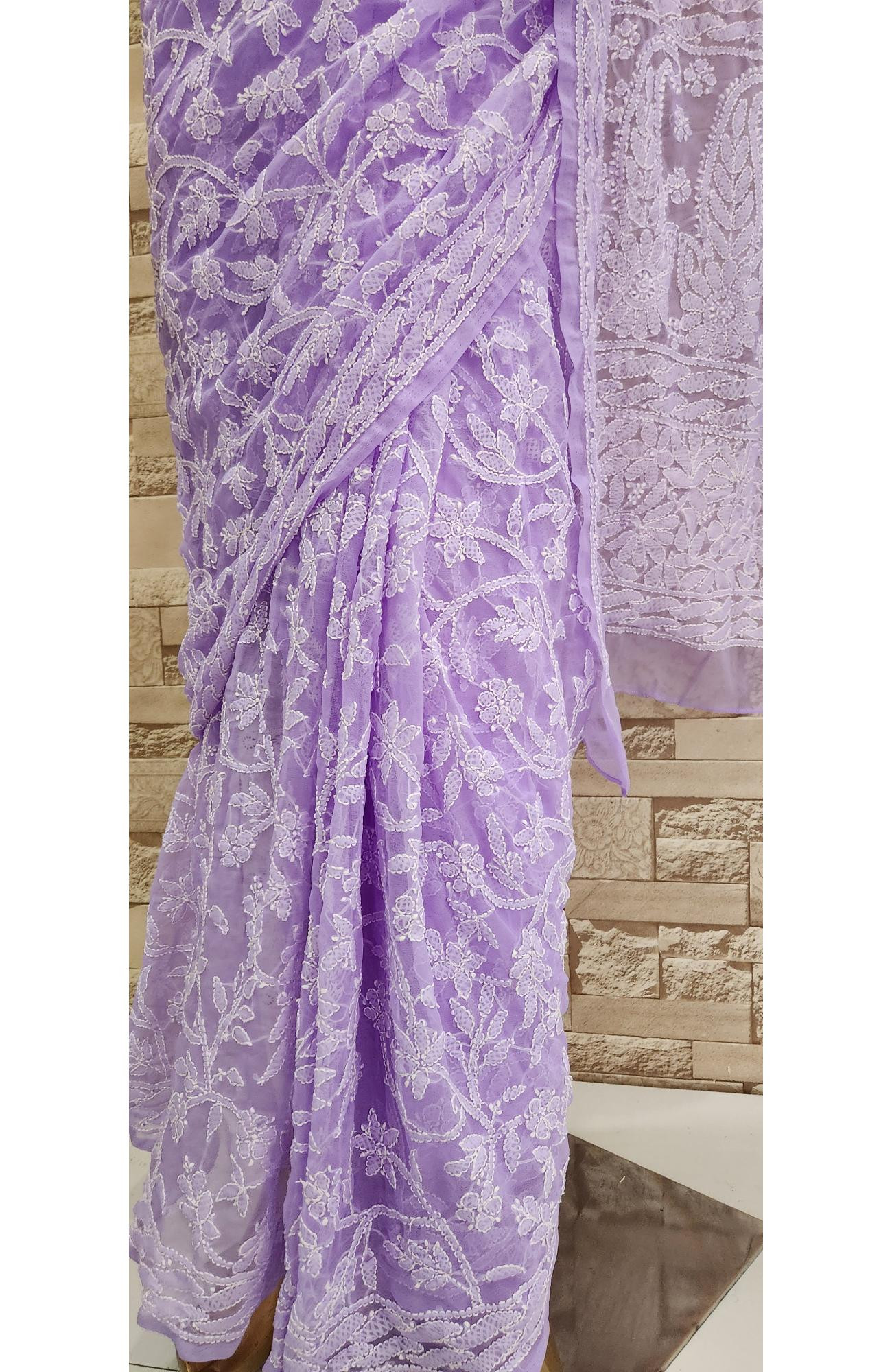 Purple  Faux Georgette  Hand Embroidered Chikankari Saree I Rohia