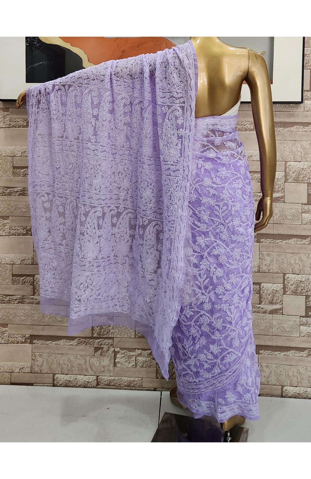Purple  Faux Georgette  Hand Embroidered Chikankari Saree I Rohia
