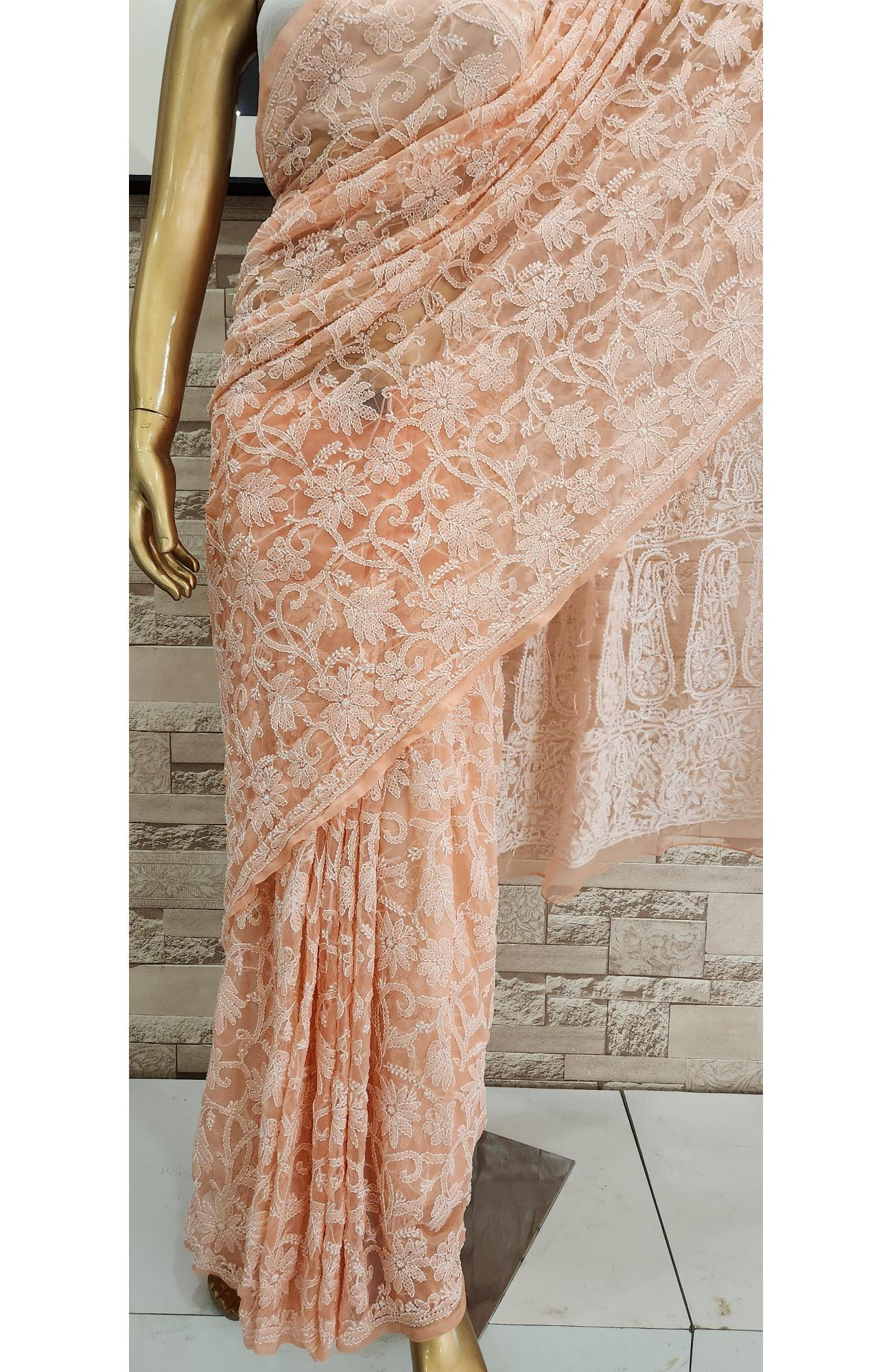 Peach  Faux Georgette  Hand Embroidered Chikankari Saree