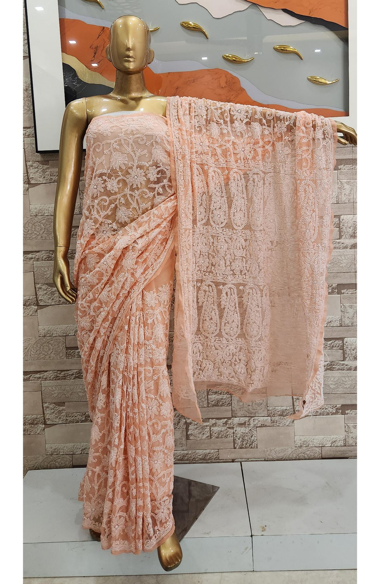 Peach  Faux Georgette  Hand Embroidered Chikankari Saree