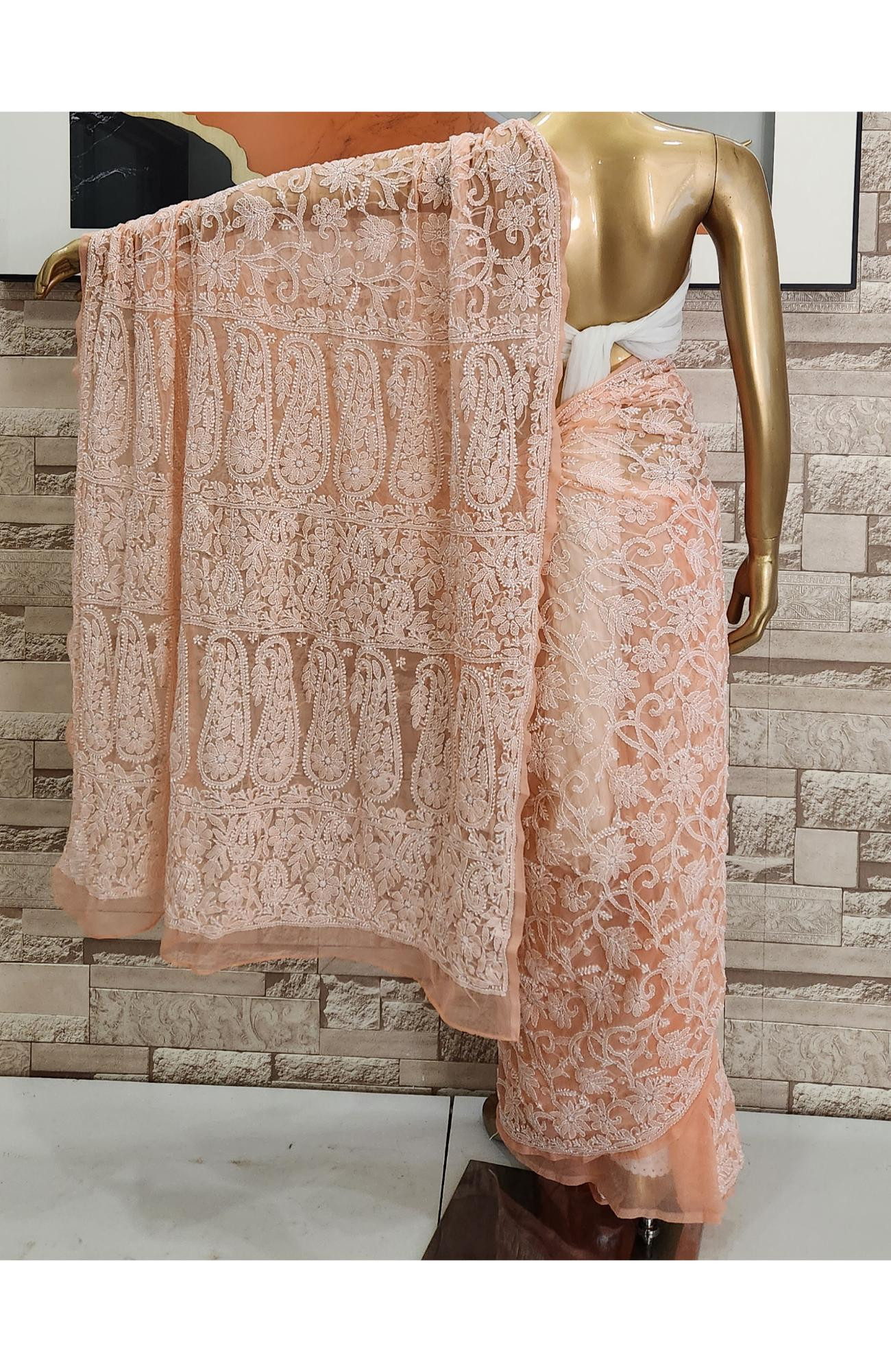 Peach  Faux Georgette  Hand Embroidered Chikankari Saree