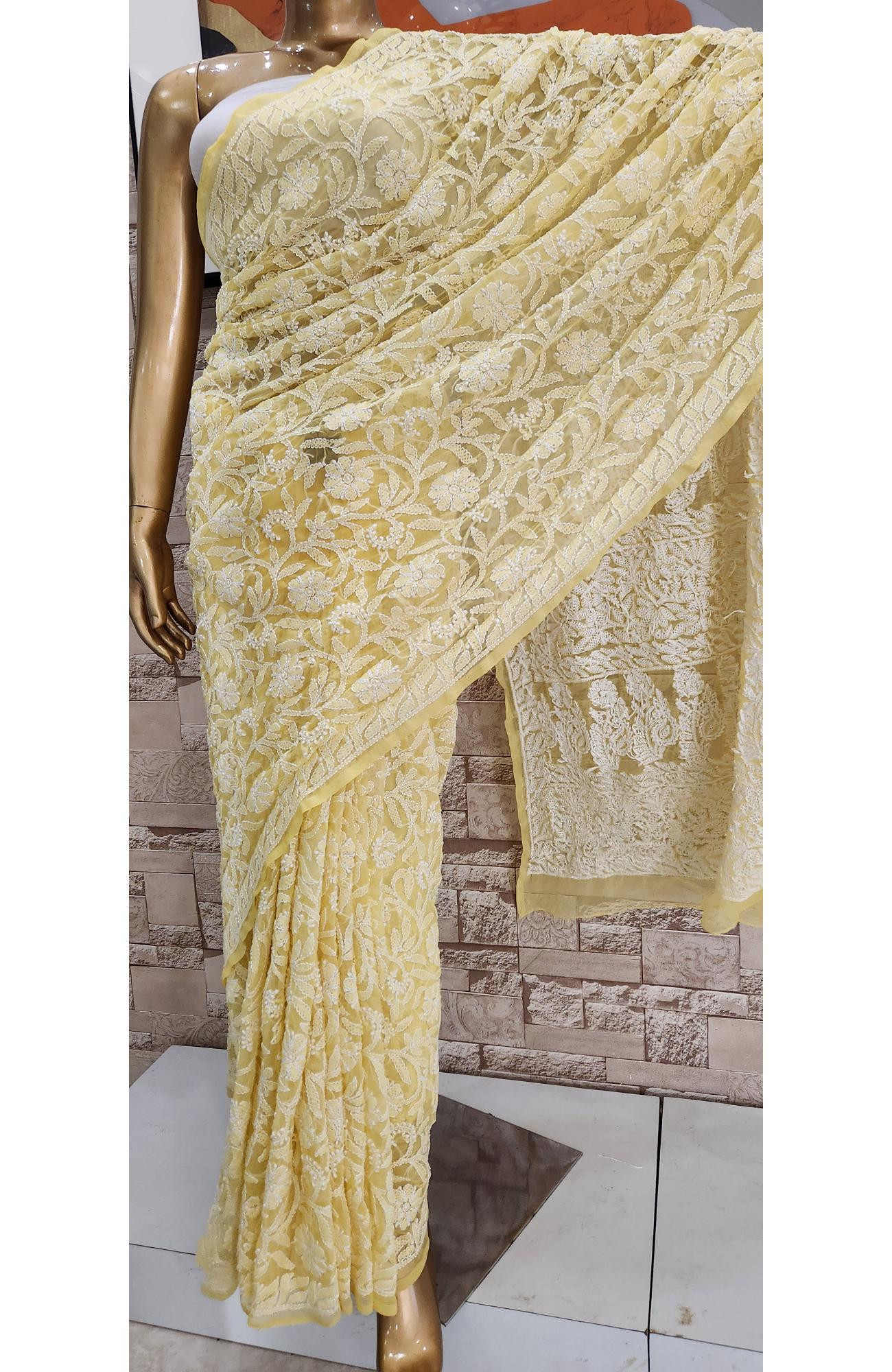 Yellow Faux Georgette  Hand Embroidered Chikankari Saree