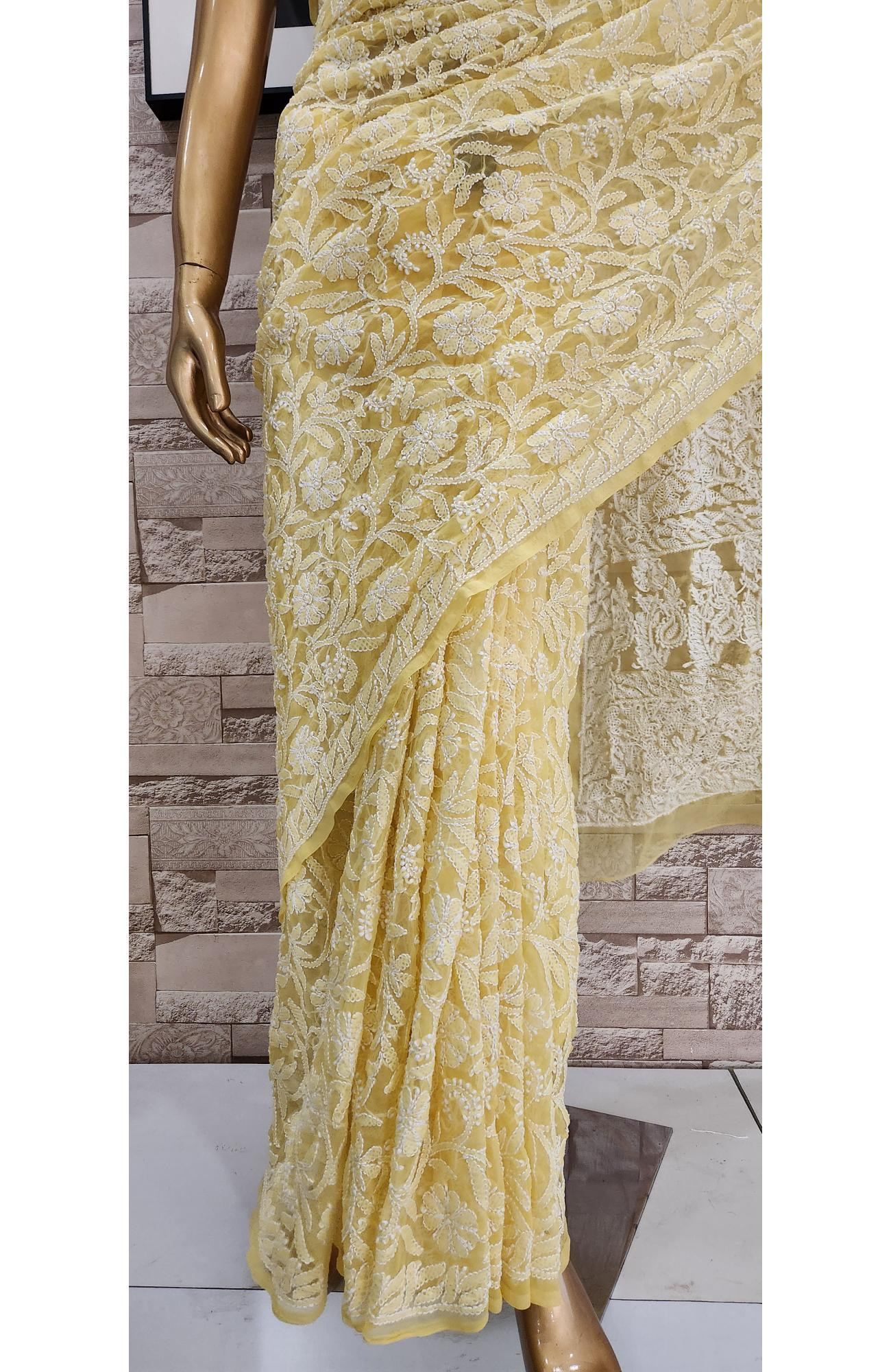 Yellow Faux Georgette  Hand Embroidered Chikankari Saree