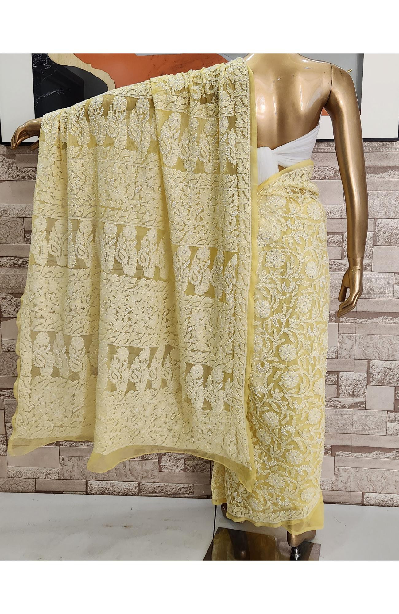 Yellow Faux Georgette  Hand Embroidered Chikankari Saree
