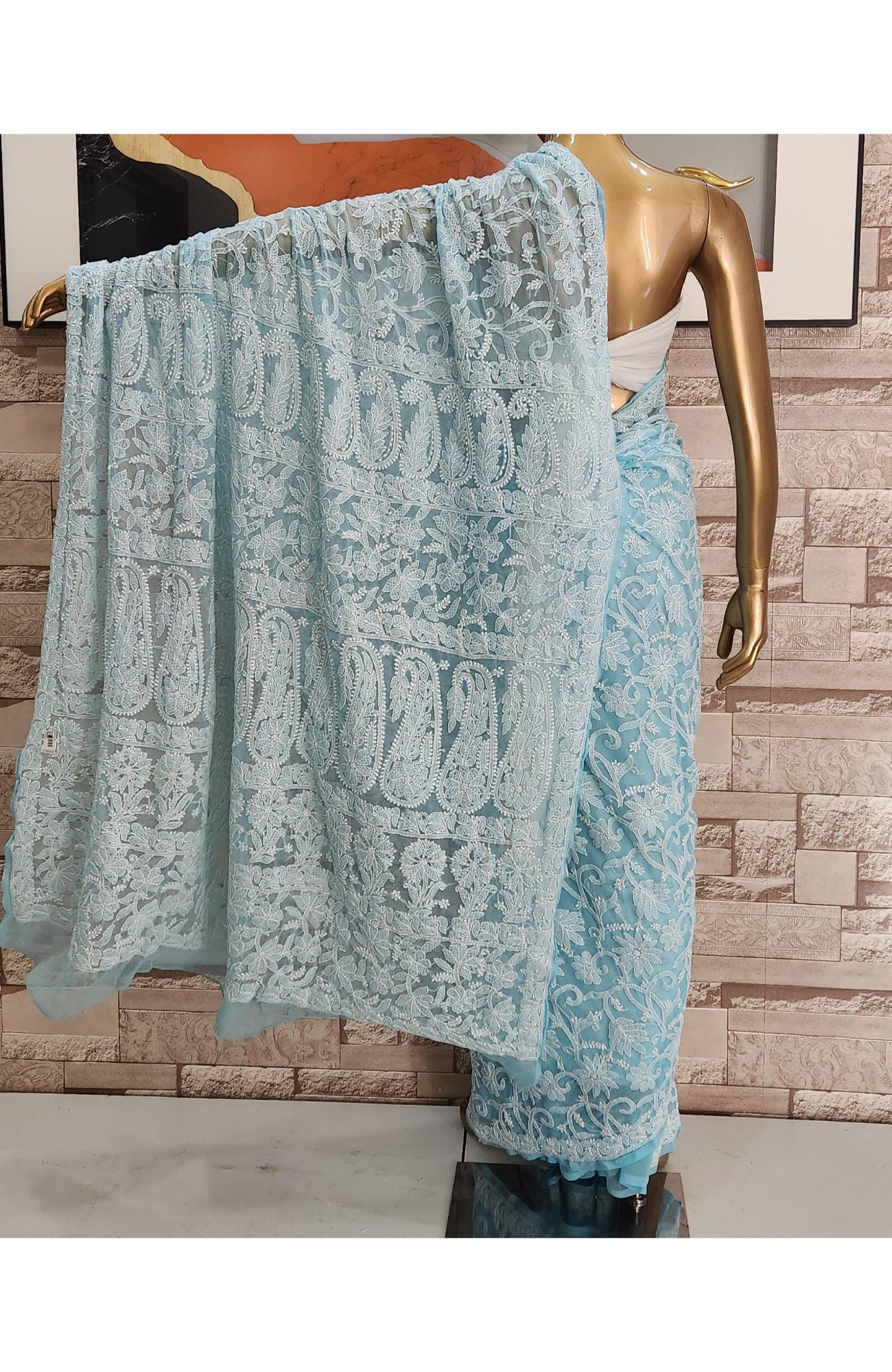 Blue Faux Georgette  Hand Embroidered Chikankari Saree