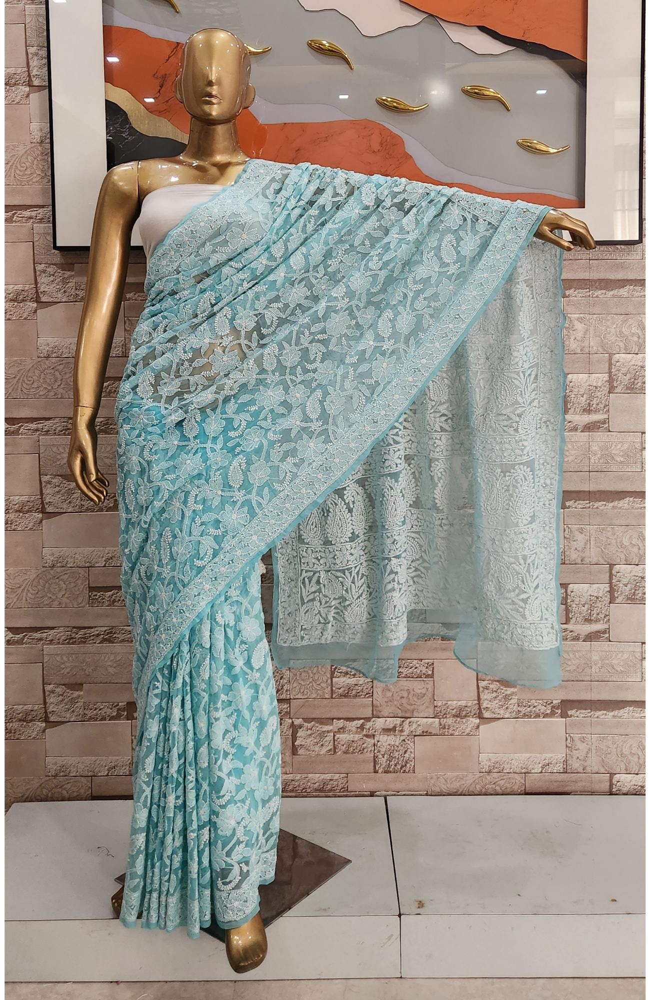 Blue Faux Georgette  Hand Embroidered Chikankari Saree