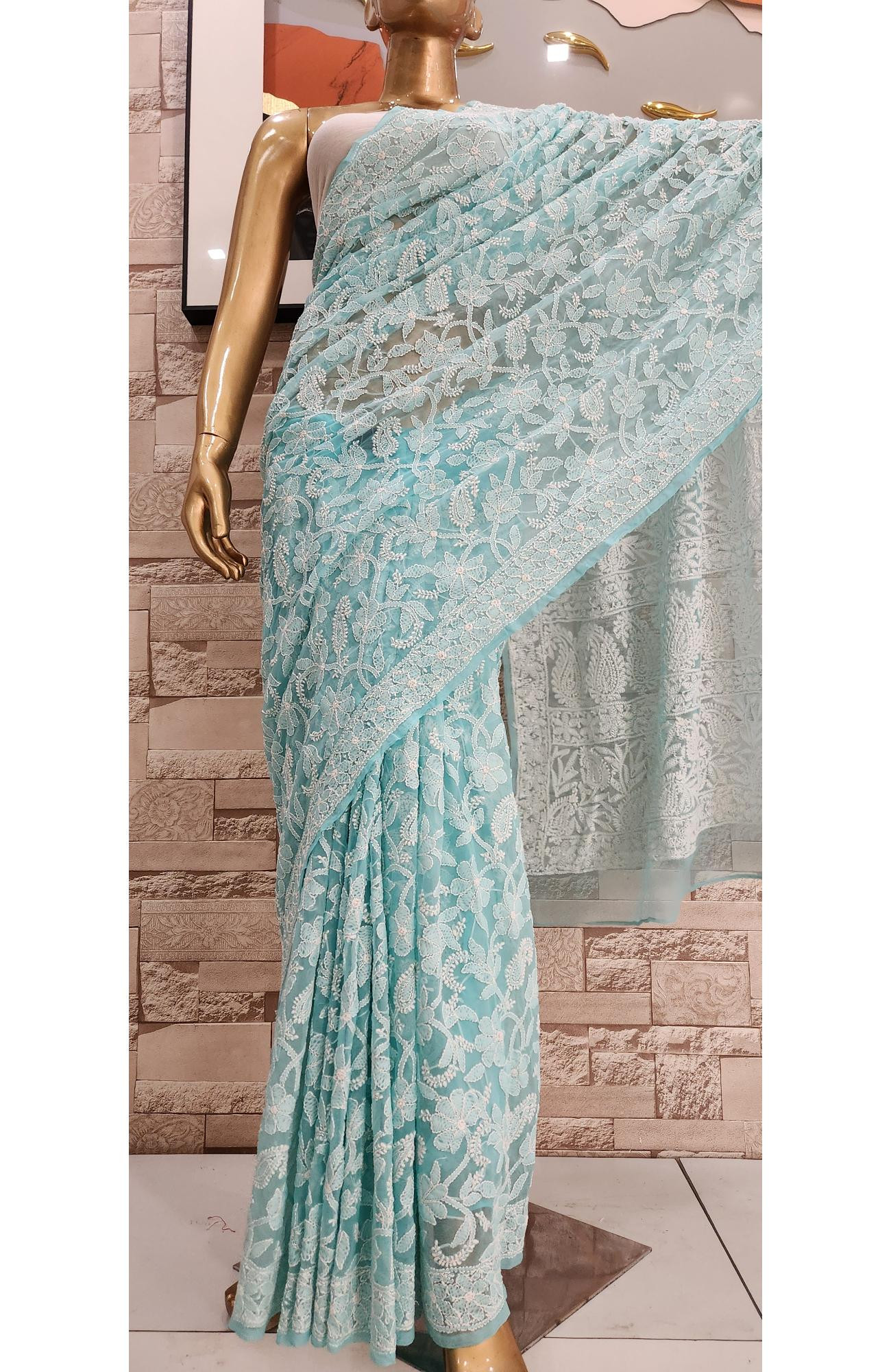 Blue Faux Georgette  Hand Embroidered Chikankari Saree