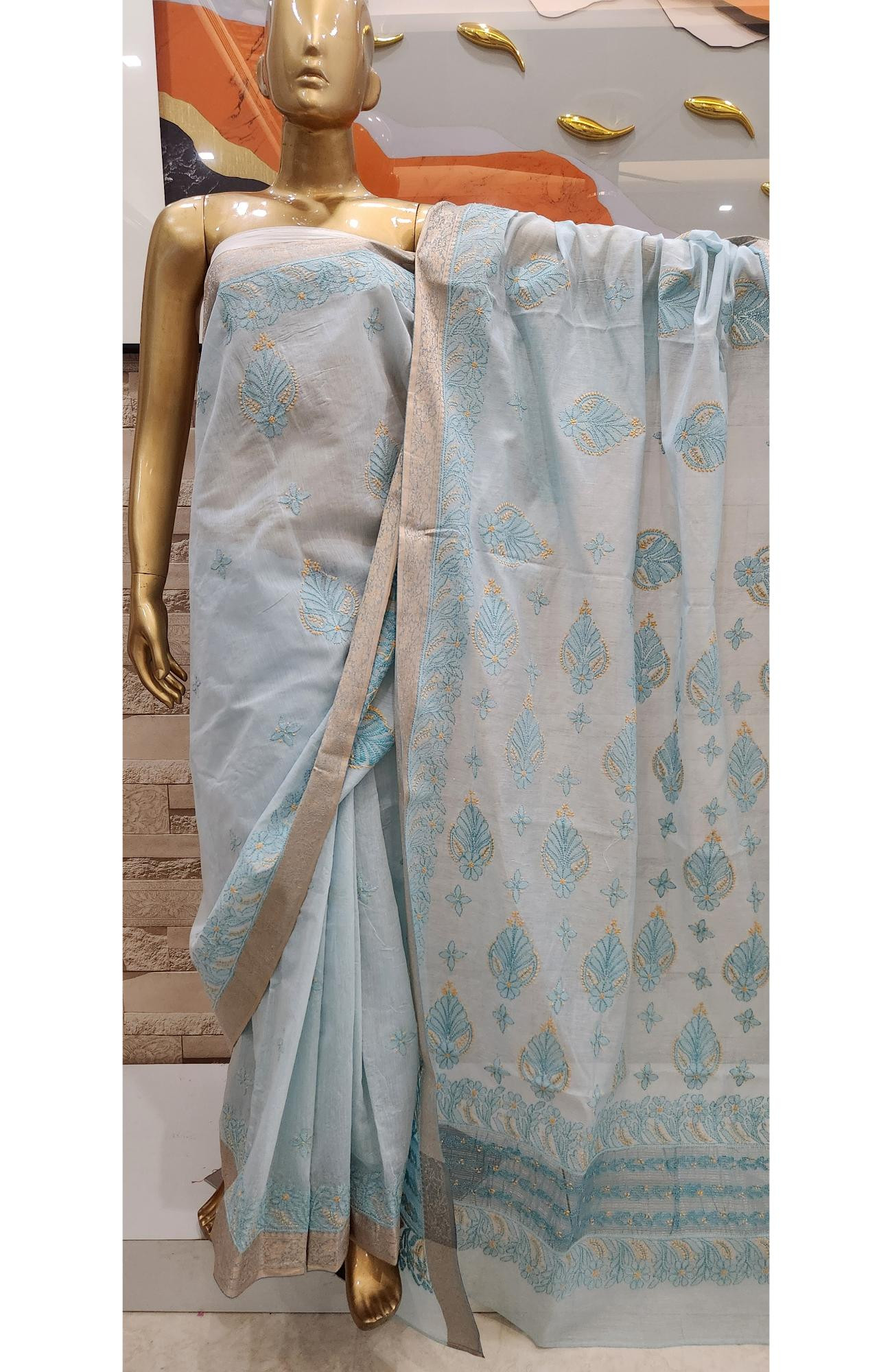 Light Blue Hand Embroidered Chanderi Chikankari Saree