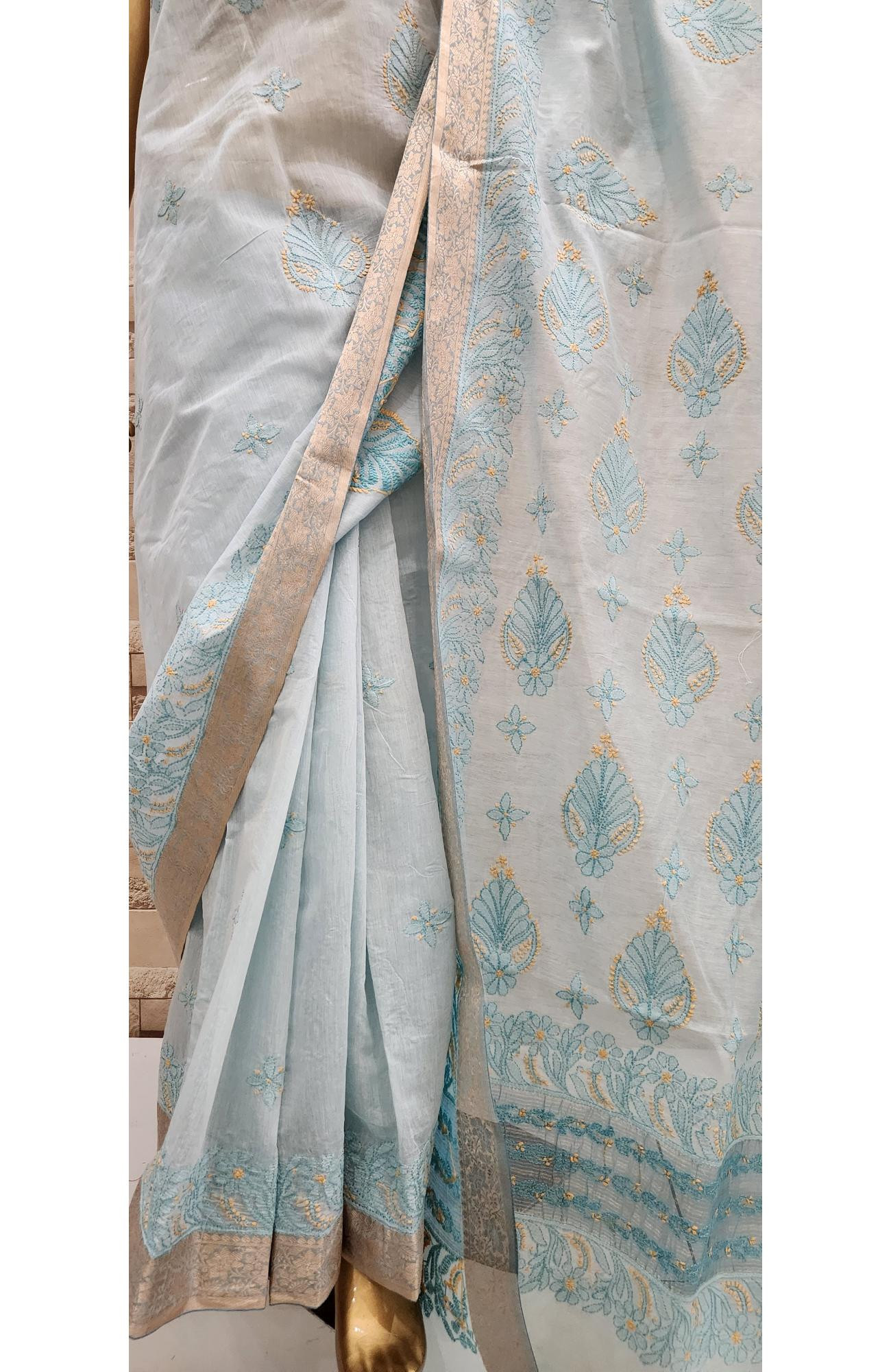 Light Blue Hand Embroidered Chanderi Chikankari Saree