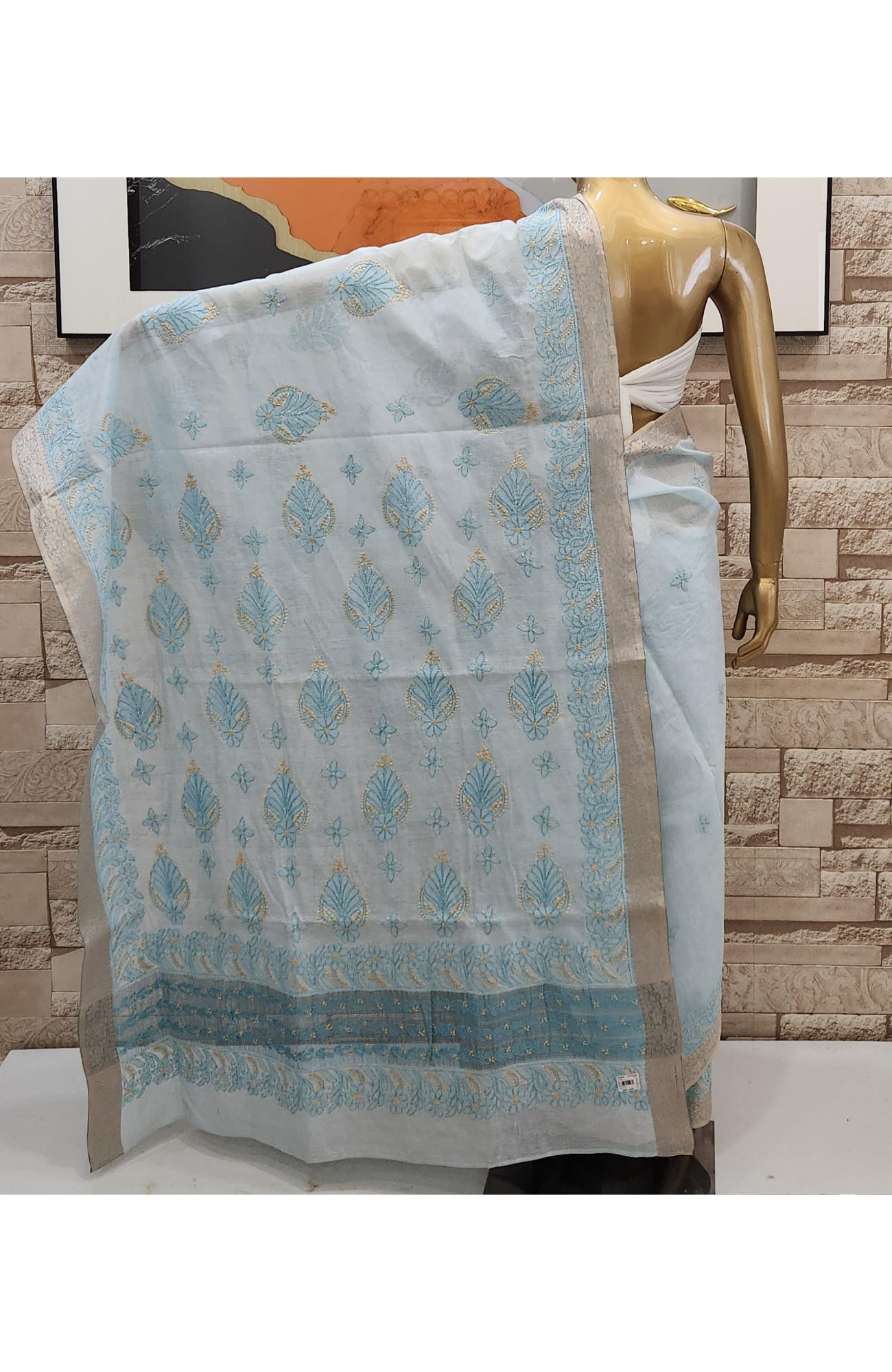 Light Blue Hand Embroidered Chanderi Chikankari Saree