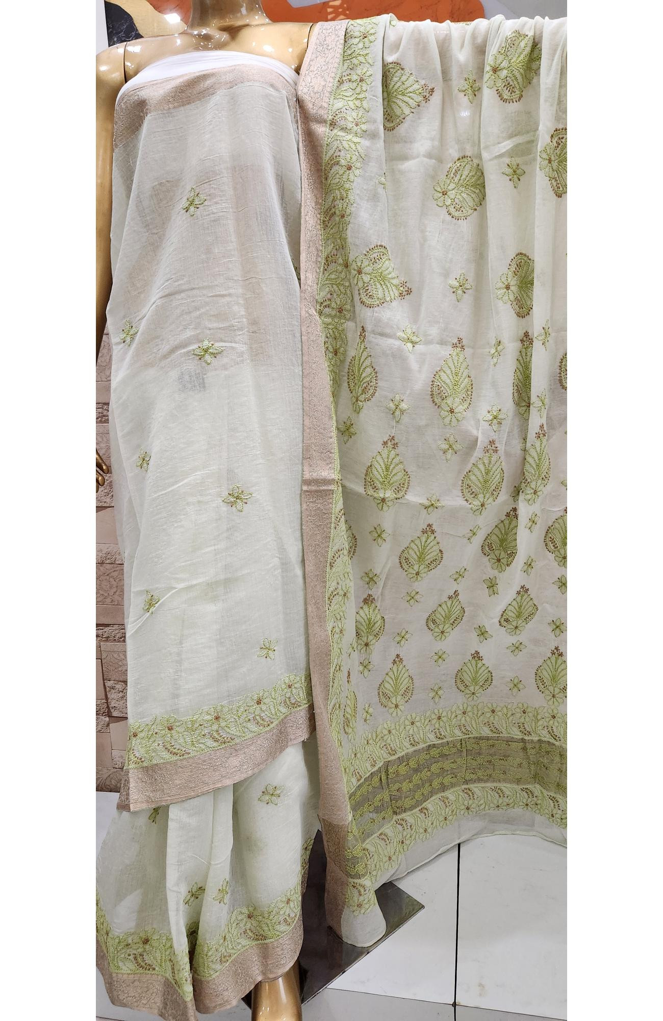 Offwhite Hand Embroidered Chanderi Chikankari Saree