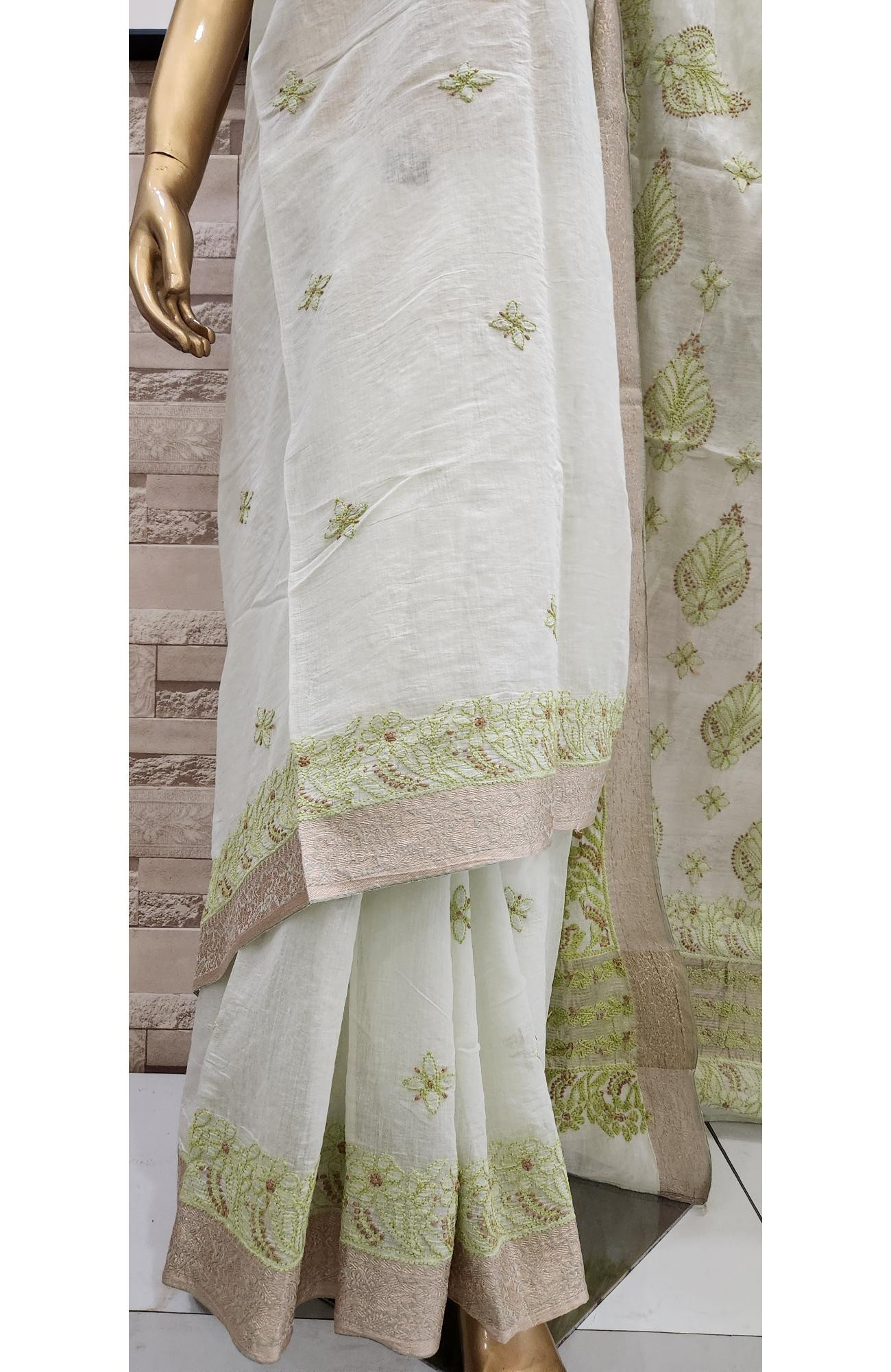 Offwhite Hand Embroidered Chanderi Chikankari Saree