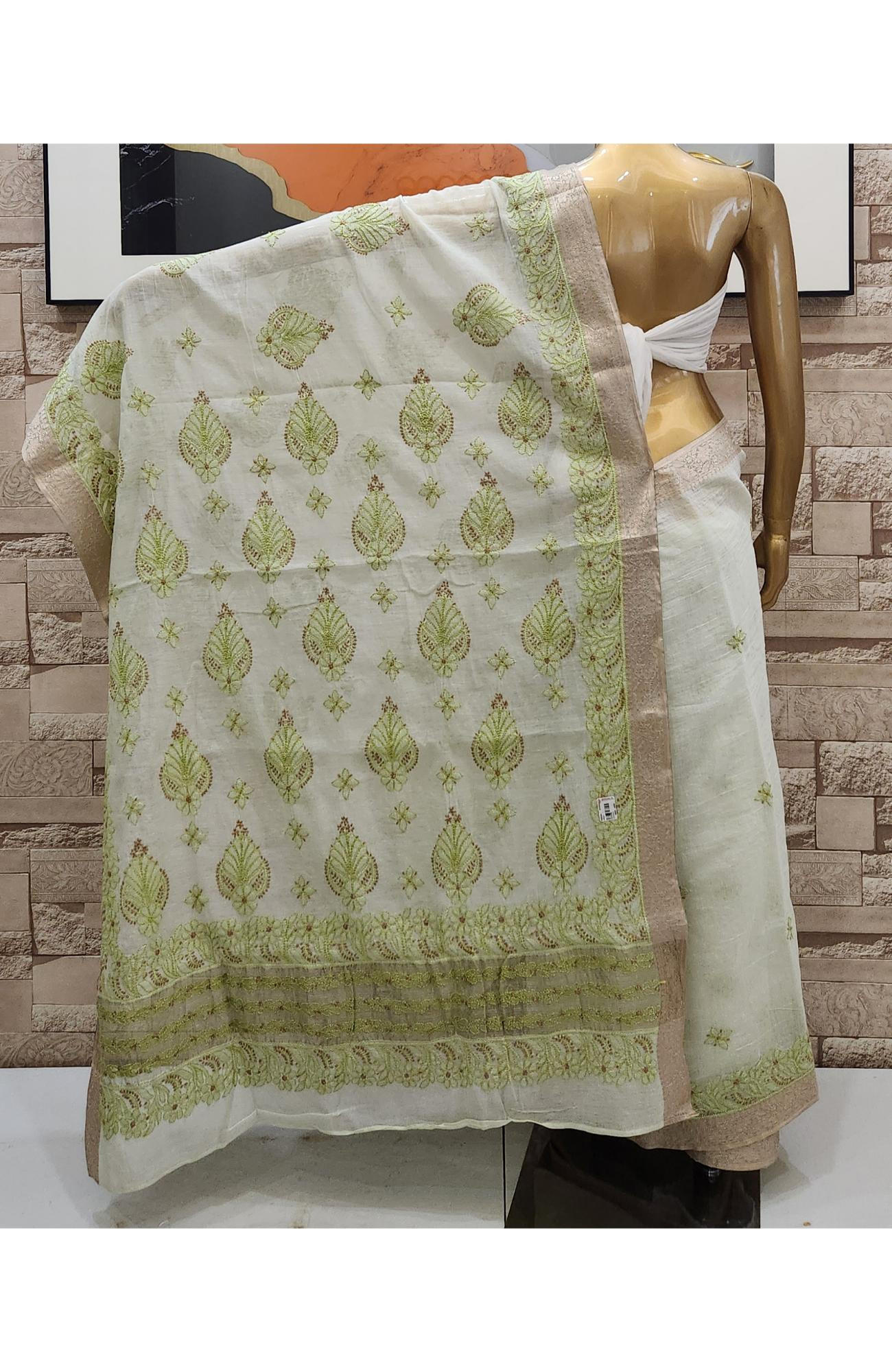 Offwhite Hand Embroidered Chanderi Chikankari Saree