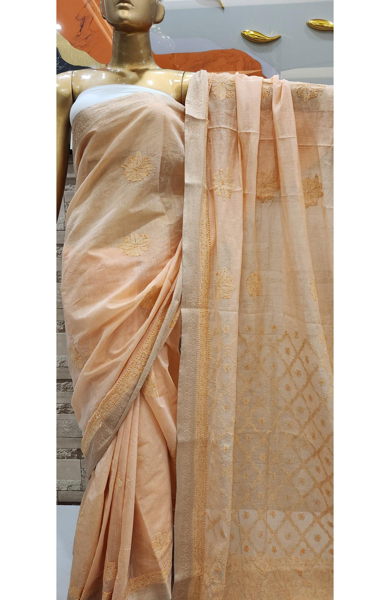 Peach Hand Embroidered Chanderi Chikankari Saree