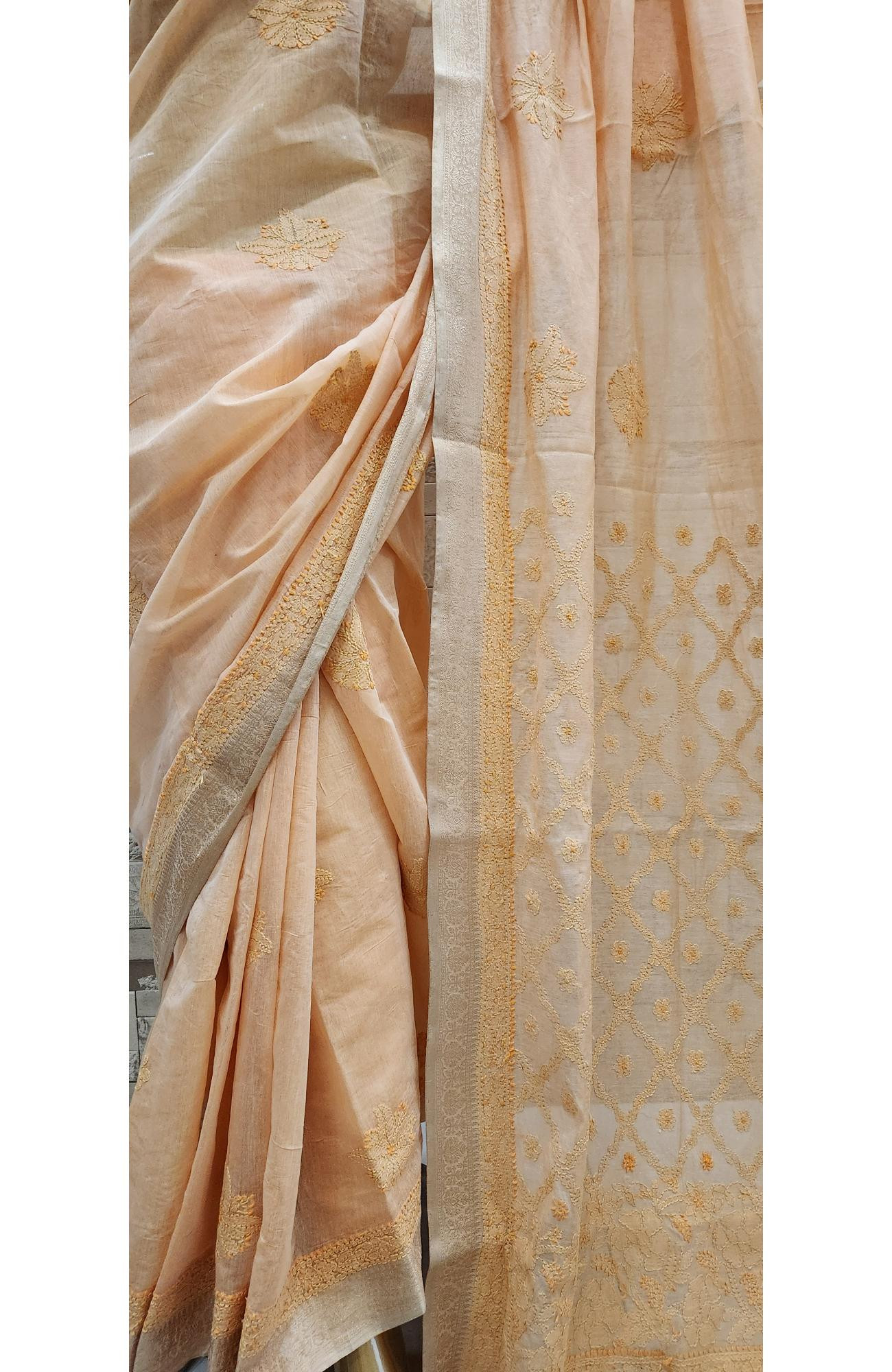 Peach Hand Embroidered Chanderi Chikankari Saree