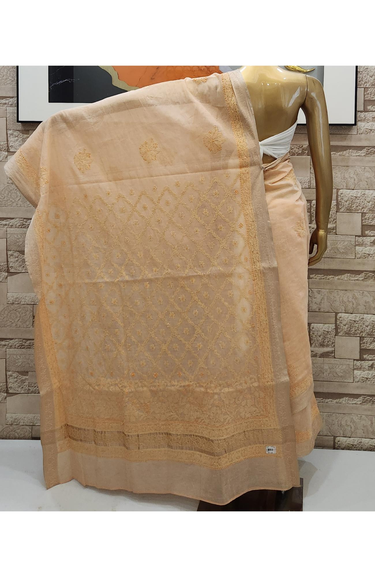 Peach Hand Embroidered Chanderi Chikankari Saree