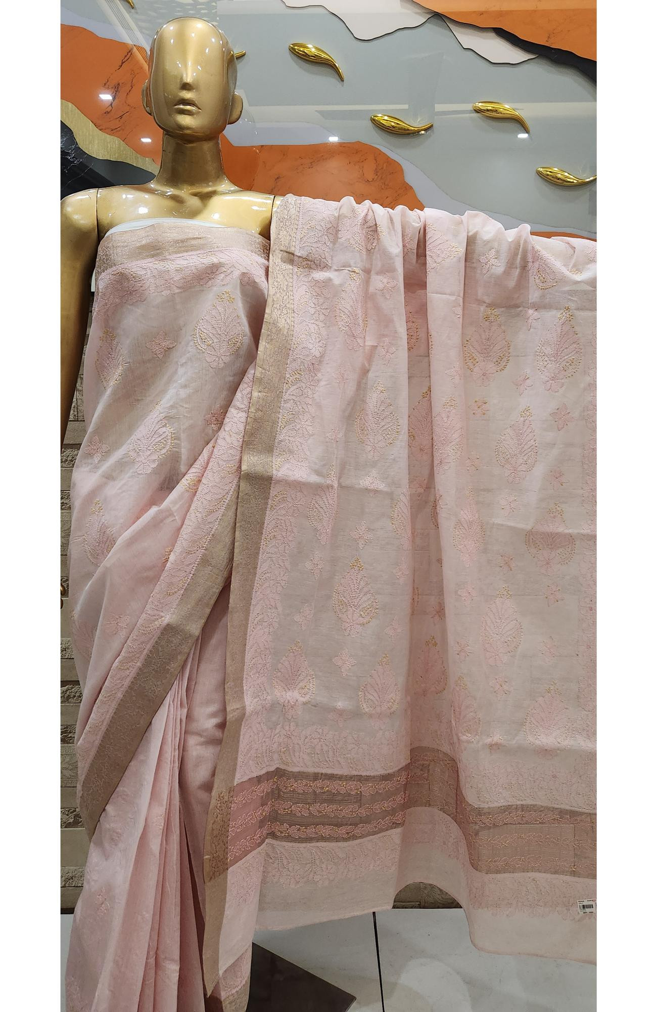 Pink Hand Embroidered Chanderi Chikankari Saree
