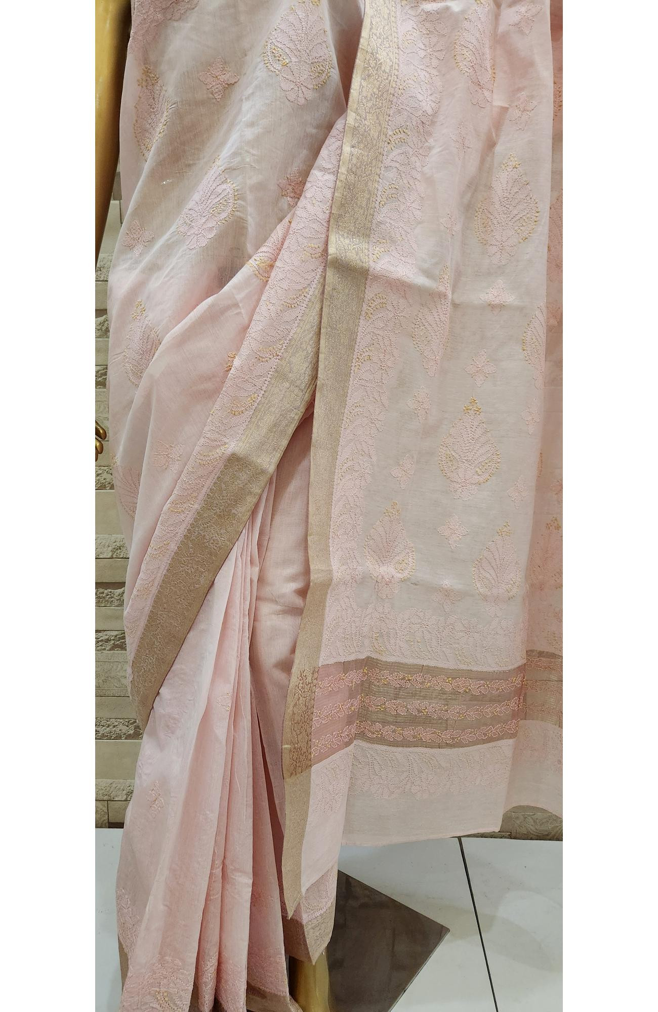 Pink Hand Embroidered Chanderi Chikankari Saree