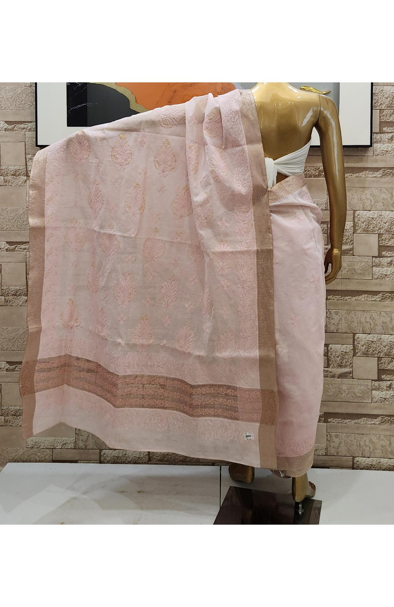 Pink Hand Embroidered Chanderi Chikankari Saree