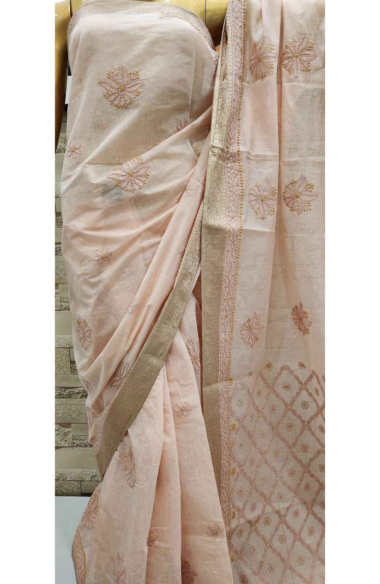 Light Peach Hand Embroidered Chanderi Chikankari Saree
