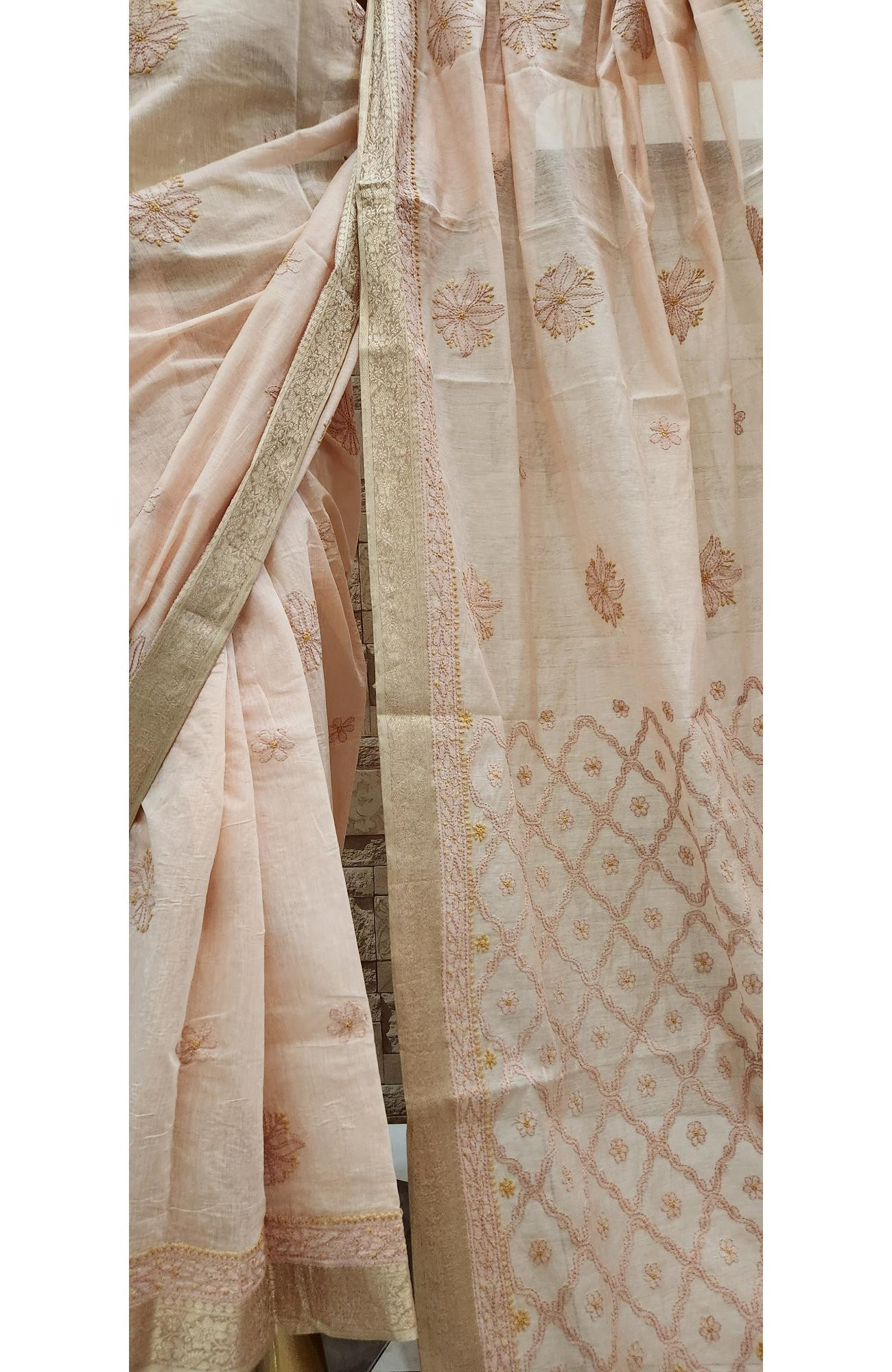 Light Peach Hand Embroidered Chanderi Chikankari Saree