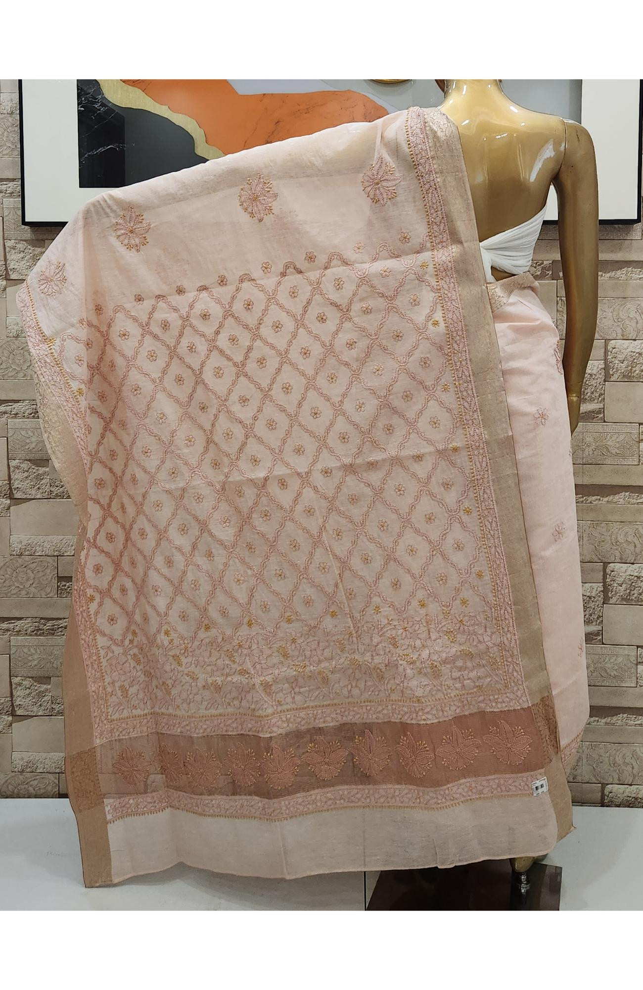 Light Peach Hand Embroidered Chanderi Chikankari Saree