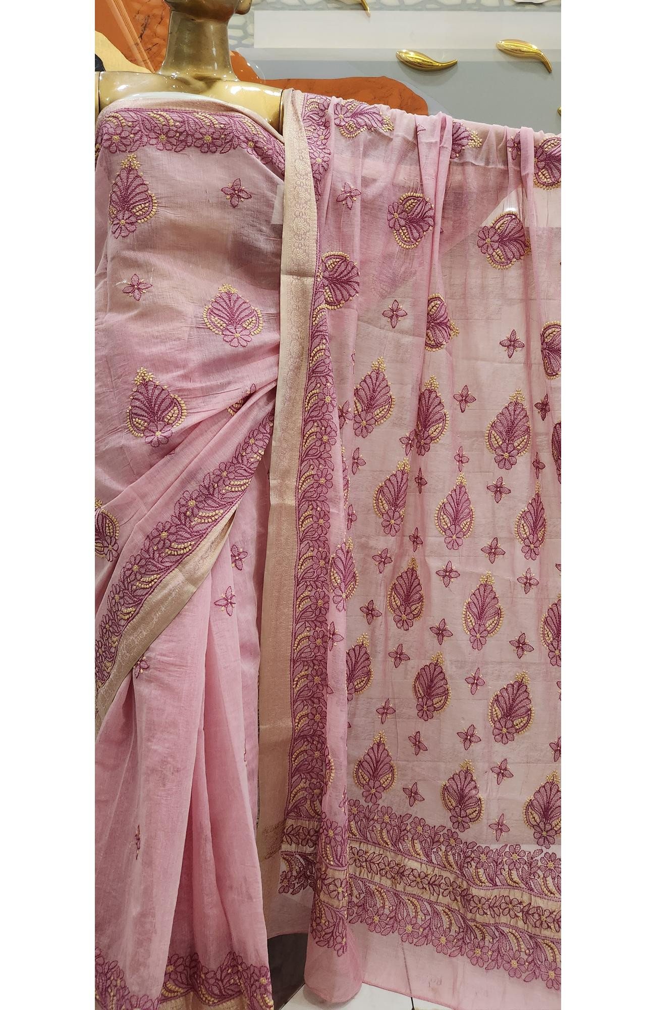 Onion Pink Hand Embroidered Chanderi Chikankari Saree