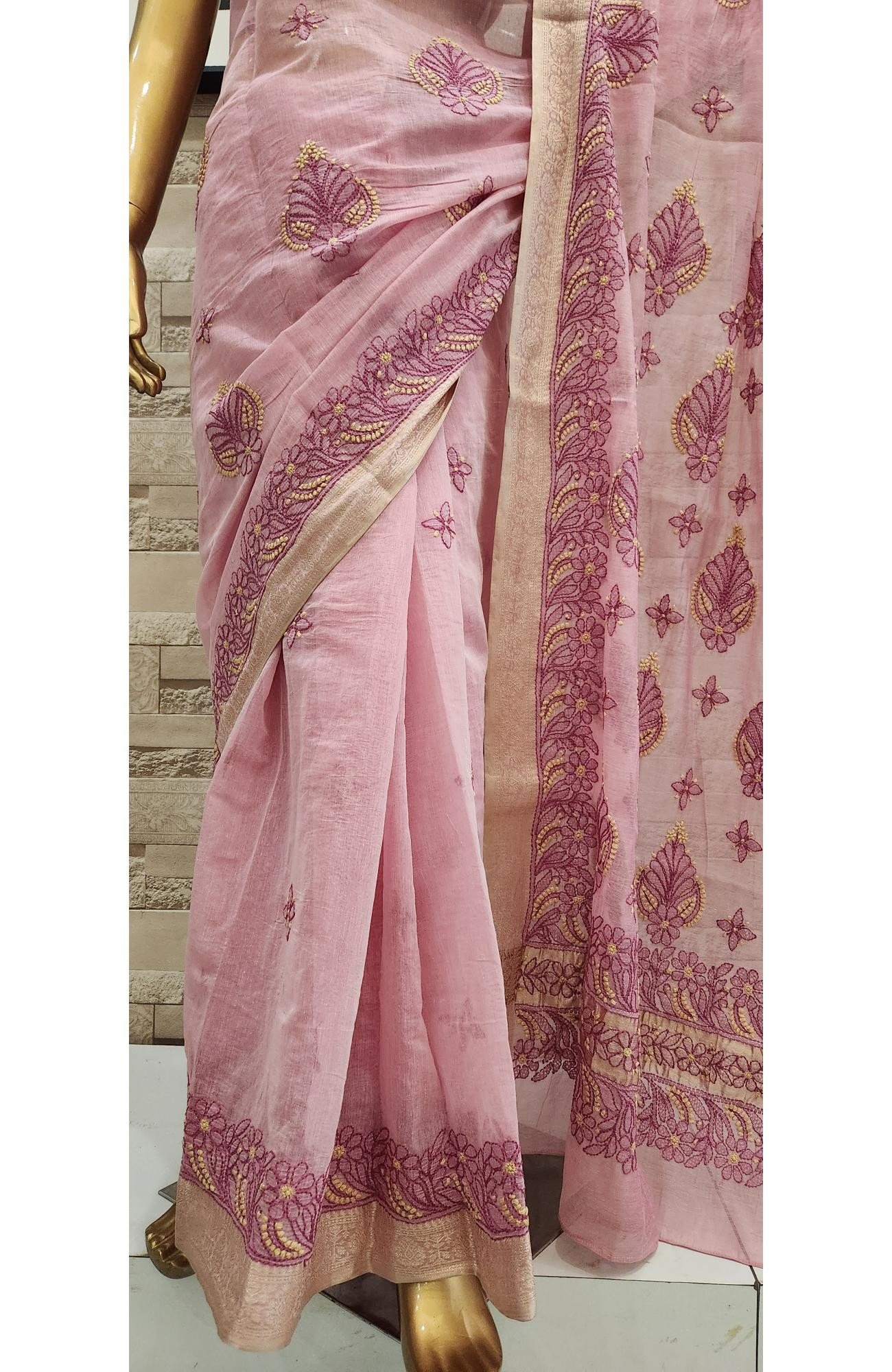Onion Pink Hand Embroidered Chanderi Chikankari Saree