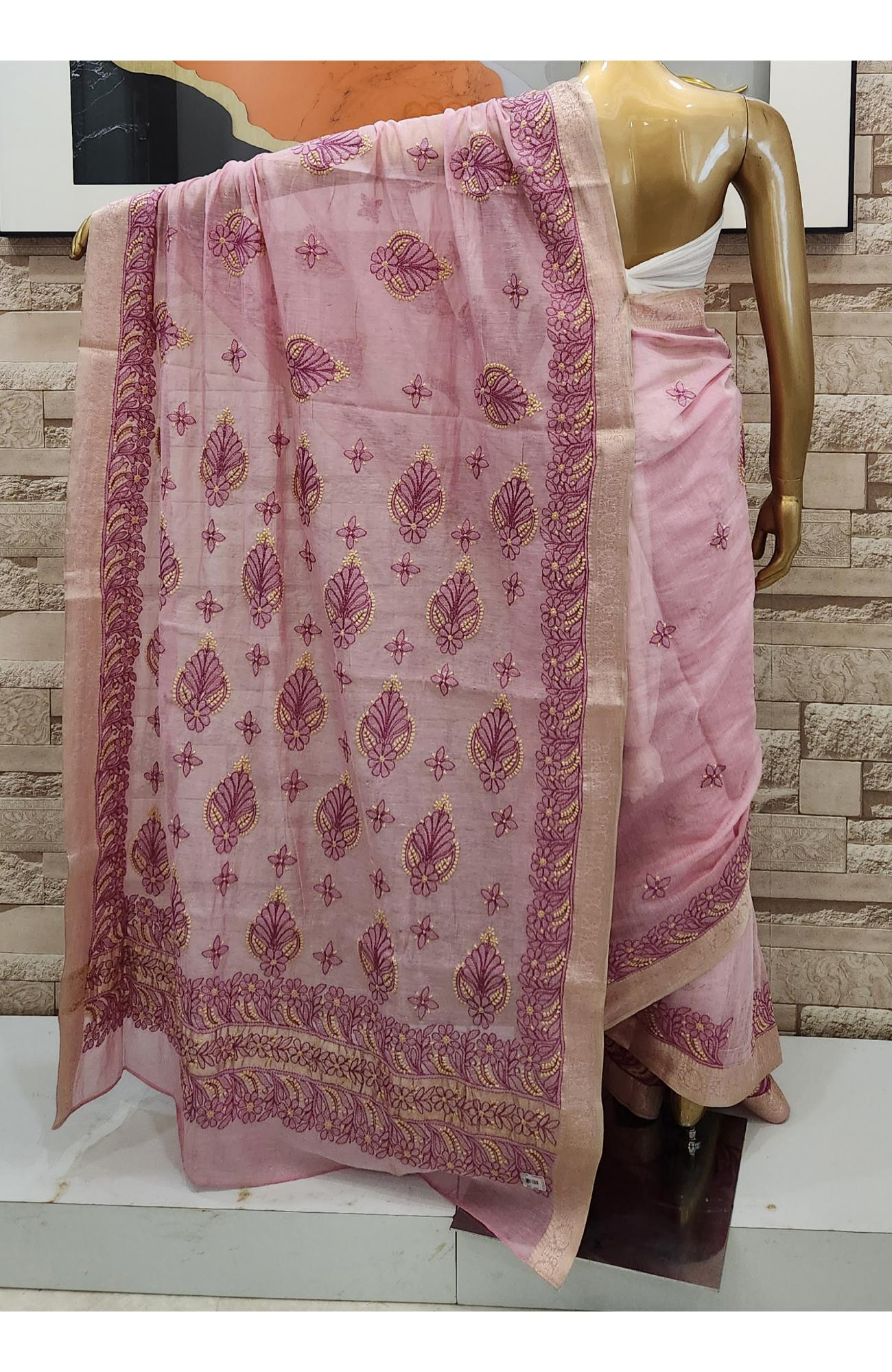 Onion Pink Hand Embroidered Chanderi Chikankari Saree
