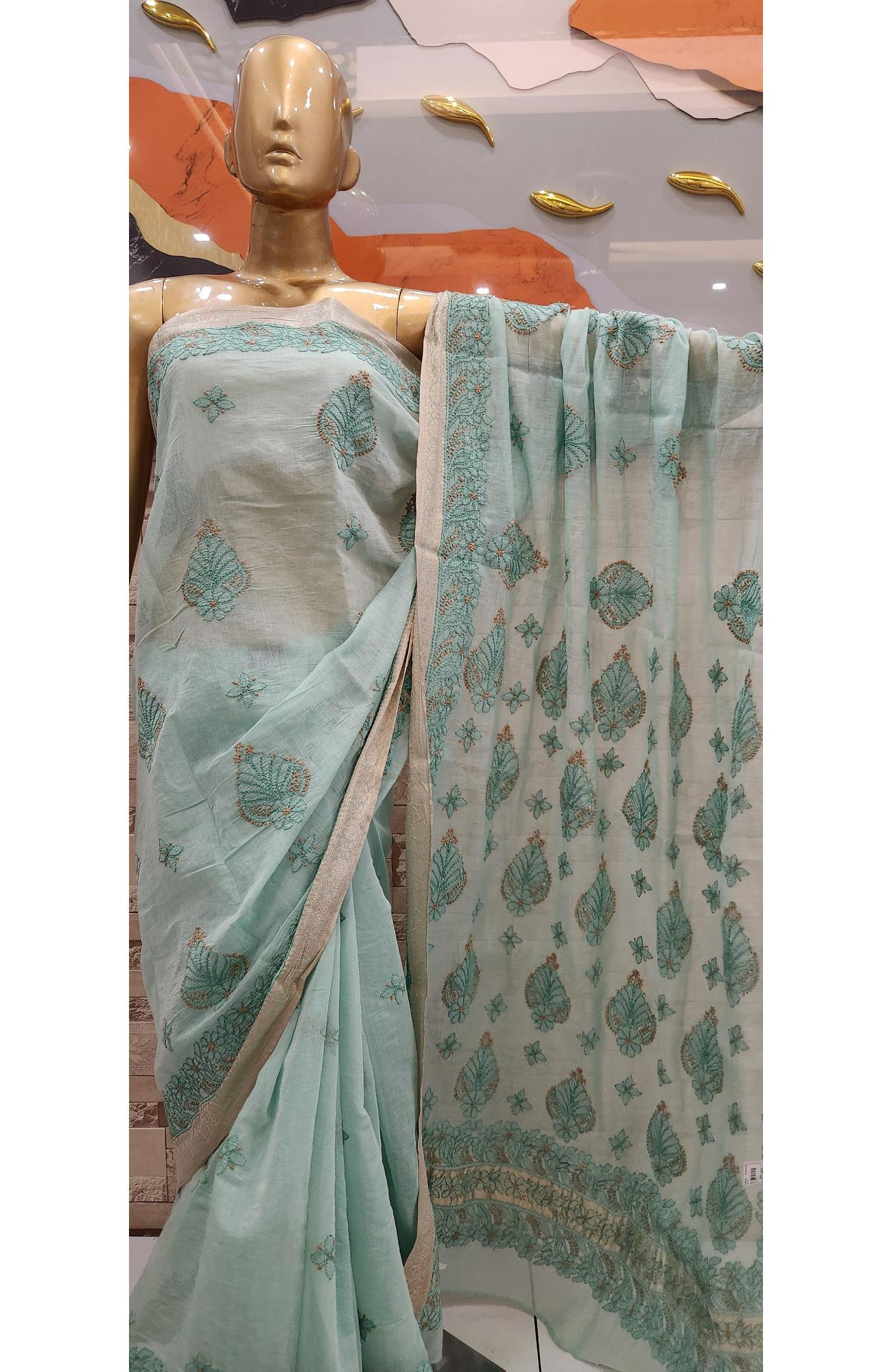 Light Green Hand Embroidered Chanderi Chikankari Saree