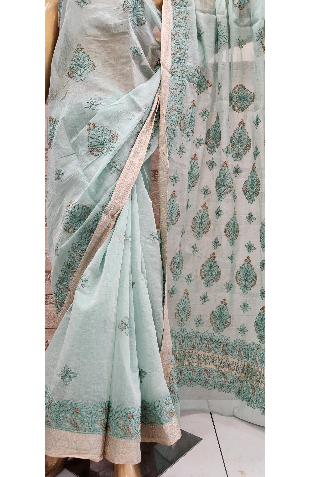 Light Green Hand Embroidered Chanderi Chikankari Saree