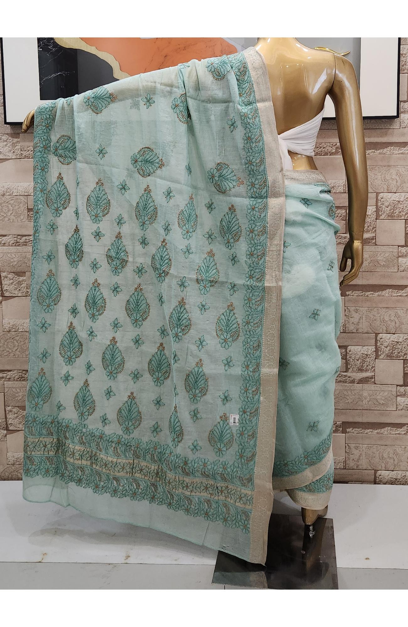 Light Green Hand Embroidered Chanderi Chikankari Saree