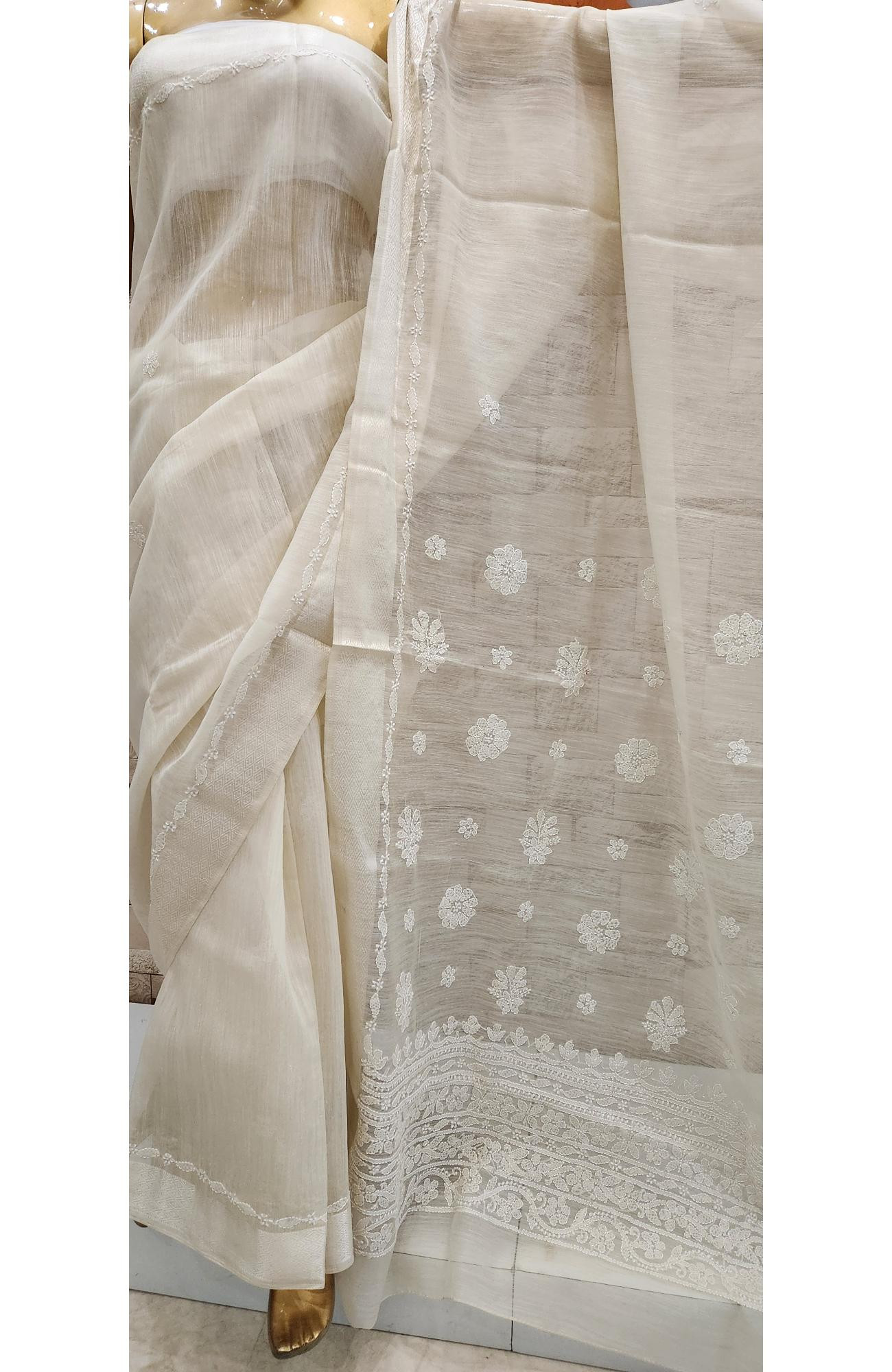 Golden Beige Hand Embroidered Chanderi Chikankari Saree