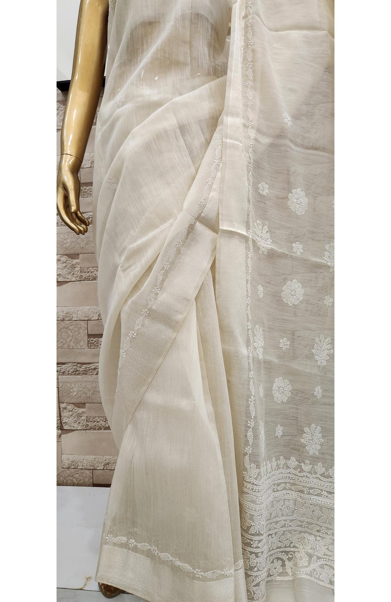 Golden Beige Hand Embroidered Chanderi Chikankari Saree