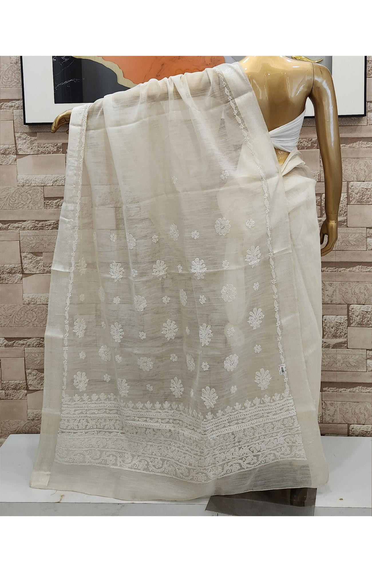 Golden Beige Hand Embroidered Chanderi Chikankari Saree