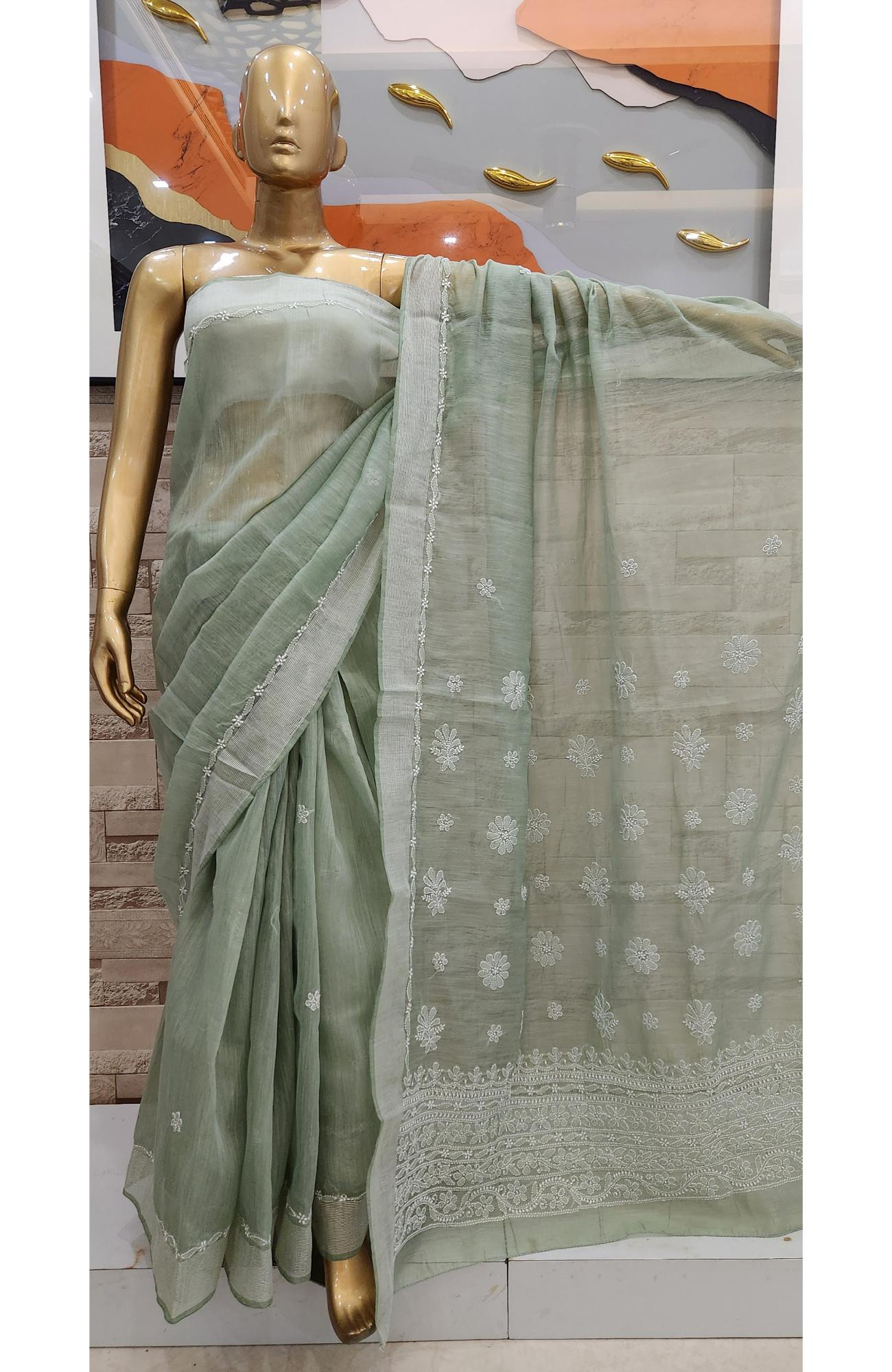 Green Chanderi Hand Embroidered Chikankari Saree