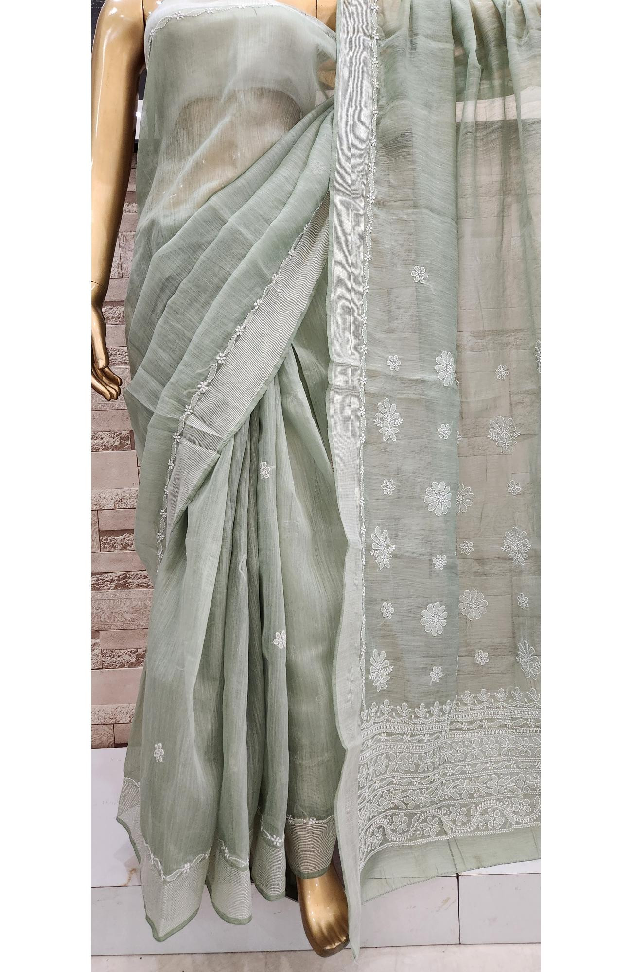 Green Chanderi Hand Embroidered Chikankari Saree