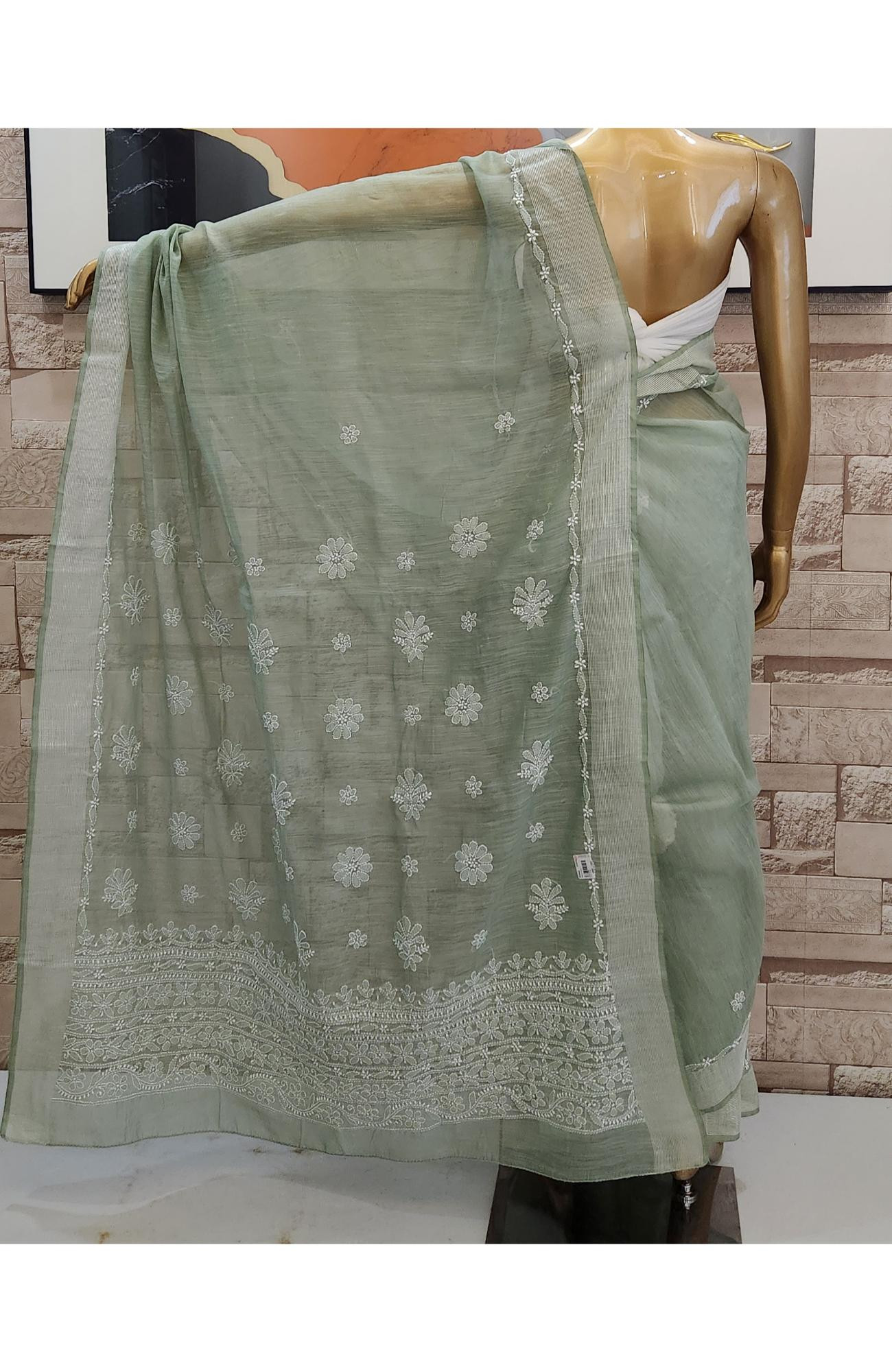 Green Chanderi Hand Embroidered Chikankari Saree