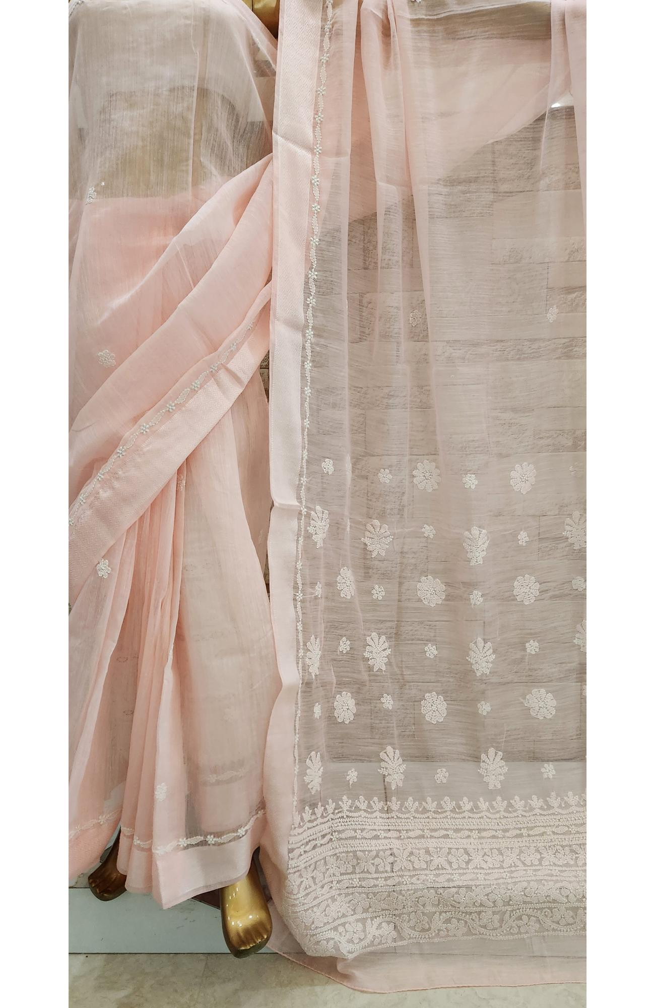 Pink Chanderi Hand Embroidered Chikankari Saree I Rohia By Chhangamal