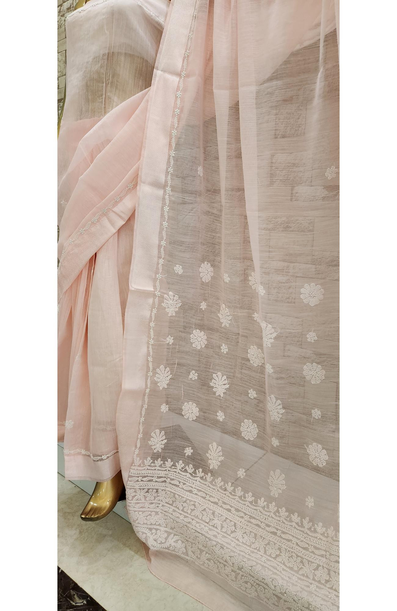 Pink Chanderi Hand Embroidered Chikankari Saree I Rohia By Chhangamal