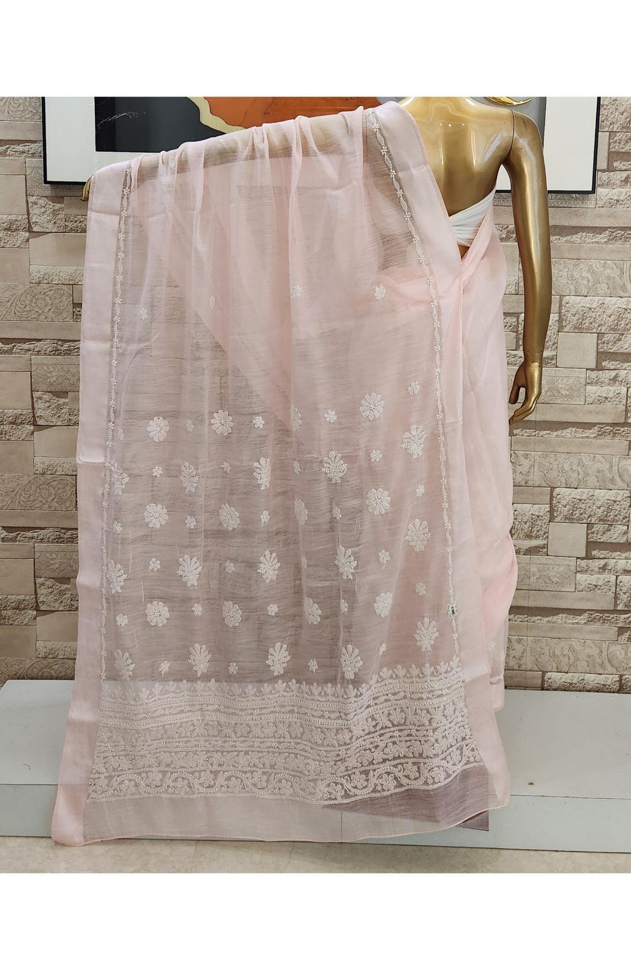 Pink Chanderi Hand Embroidered Chikankari Saree I Rohia By Chhangamal