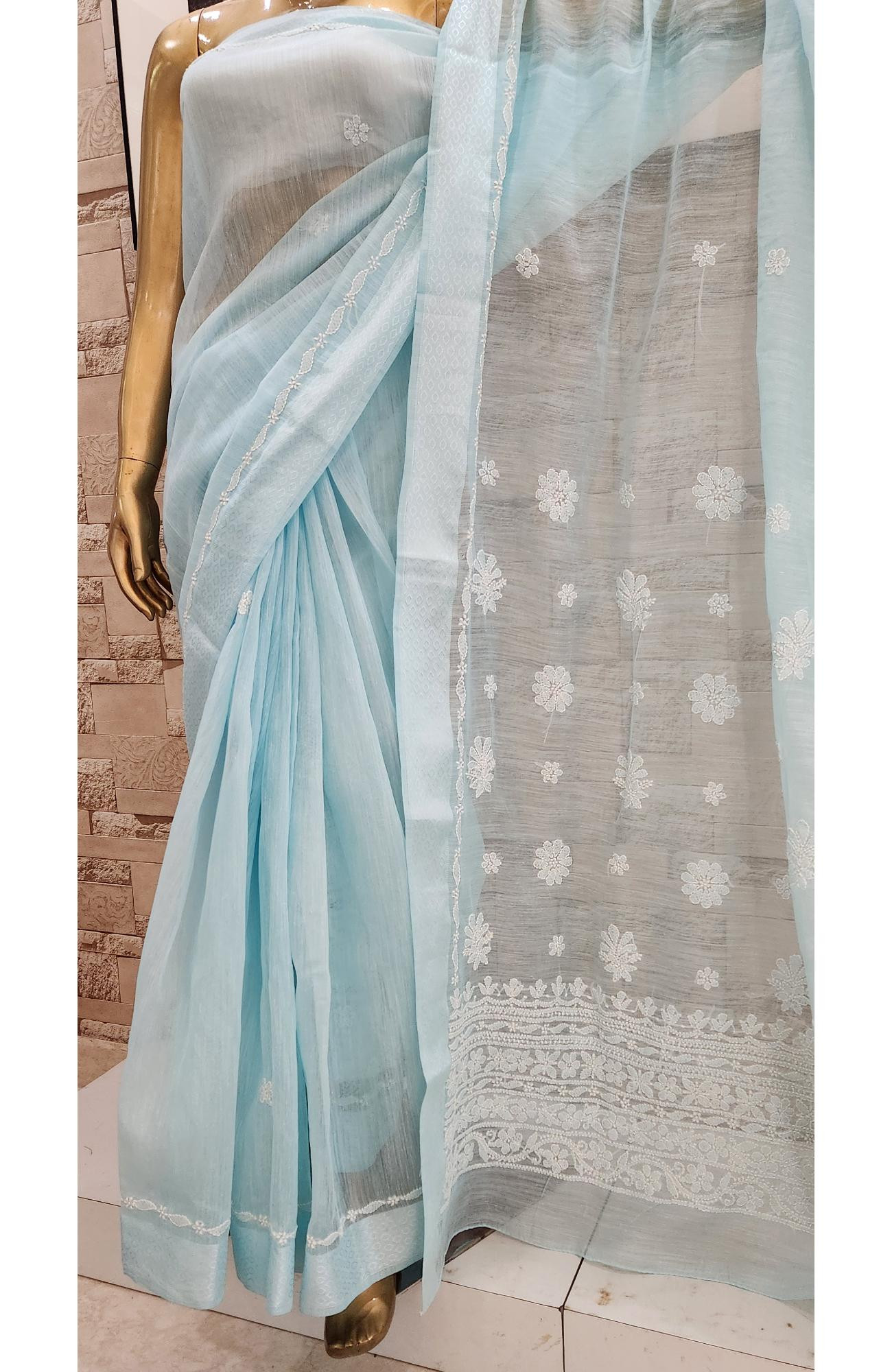 Light Blue Chanderi Hand Embroidered Chikankari Saree