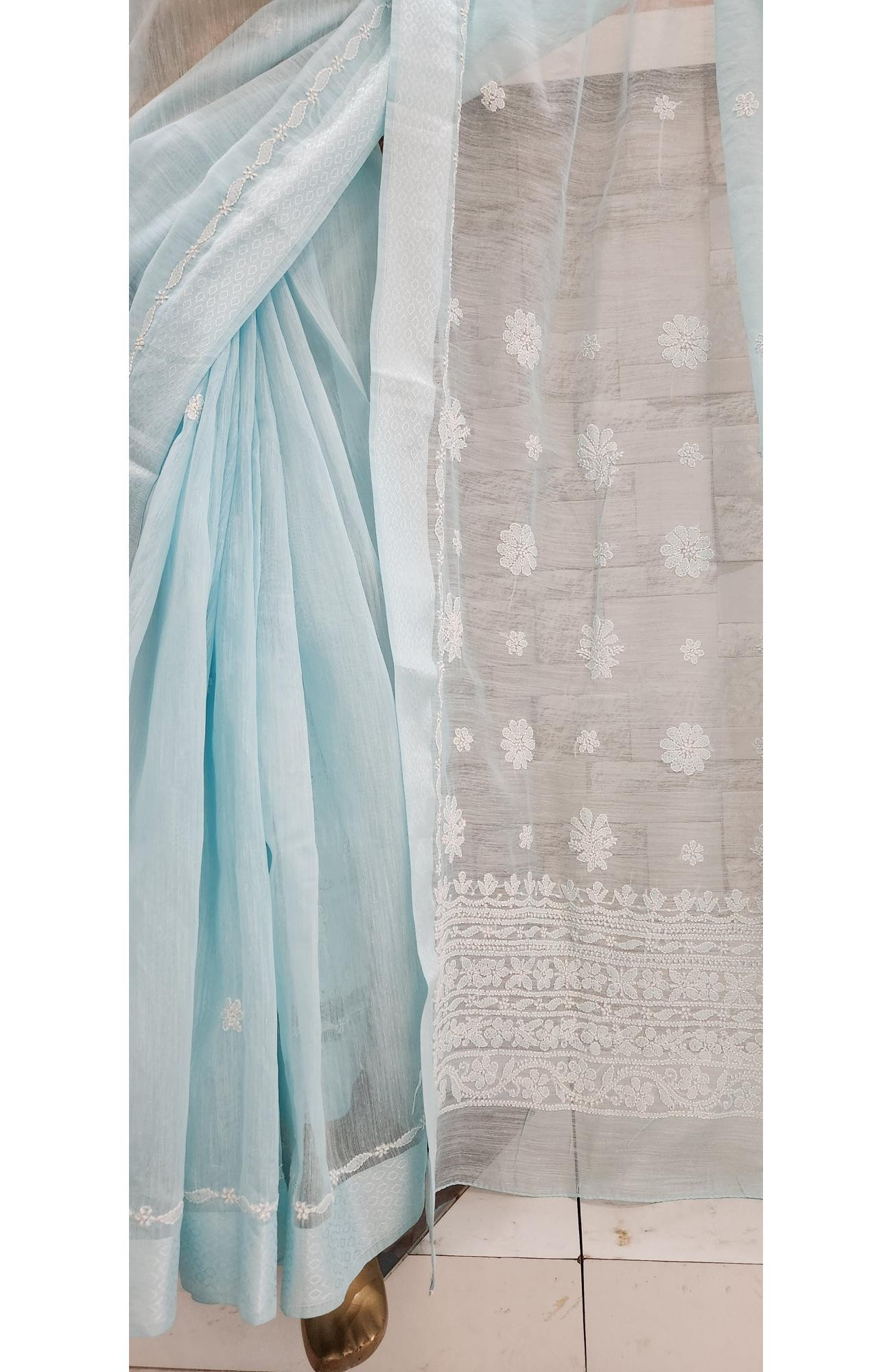 Light Blue Chanderi Hand Embroidered Chikankari Saree