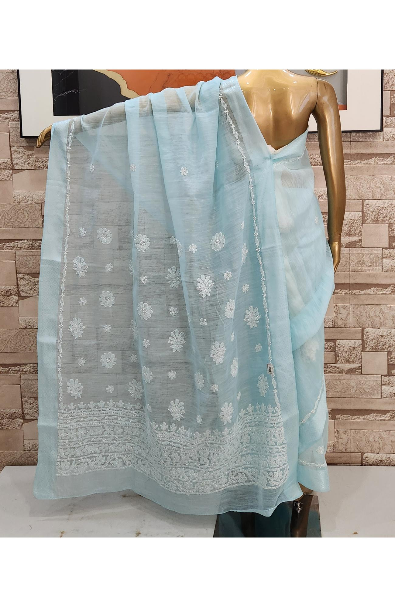 Light Blue Chanderi Hand Embroidered Chikankari Saree